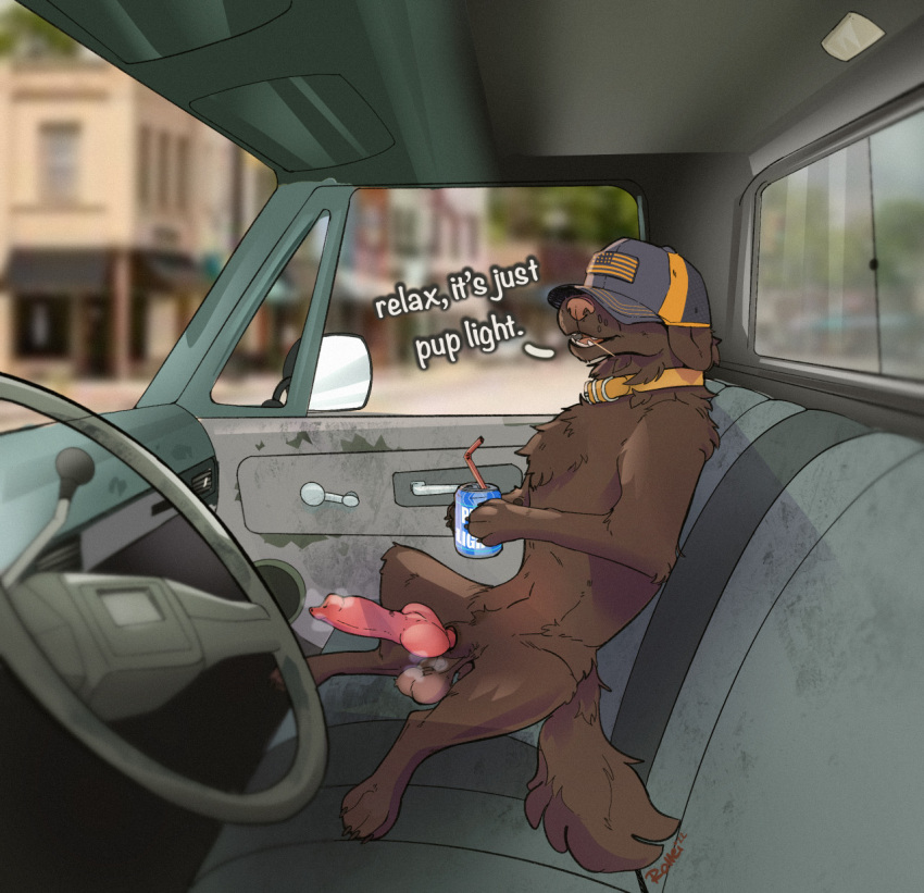 animal_genitalia animal_penis balls beverage_can bird_dog brown_body brown_fur buck_(daemon_lady) canid canine canine_genitalia canine_penis canis car collar dialogue domestic_dog drinking_straw erection feral fur genitals hat_over_eyes hi_res hunting_dog inside_car knot labrador male mammal musck open_mouth penis retriever rollei solo truck trucker trucker_hat vehicle