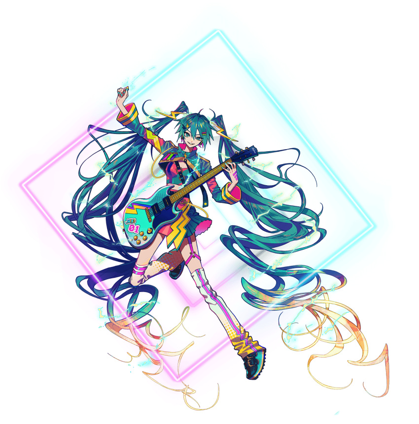 1girl absurdly_long_hair ahoge akiakane aqua_eyes aqua_hair aqua_nails aqua_skirt arm_up belt black_belt black_footwear blonde_hair colored_tips electric_guitar electricity garter_straps glowing gradient_hair grin guitar hair_between_eyes hair_ornament halftone hand_up hatsune_miku hatsune_miku_japan_tour_2023_~thunderbolt~ high_collar highres holding holding_instrument holding_plectrum instrument leg_up leg_warmers lightning_bolt-shaped_pupils lightning_bolt_hair_ornament lightning_bolt_symbol long_hair long_sleeves looking_at_viewer midriff multicolored_hair nail_polish neon_lights neon_palette official_alternate_costume official_art pink_hair pleated_skirt plectrum second-party_source shoes shrug_(clothing) simple_background single_garter_strap skirt smile solo thigh_strap triangle_ring twintails two-sided_fabric two-sided_skirt two-sided_sleeves very_long_hair vocaloid wavy_hair