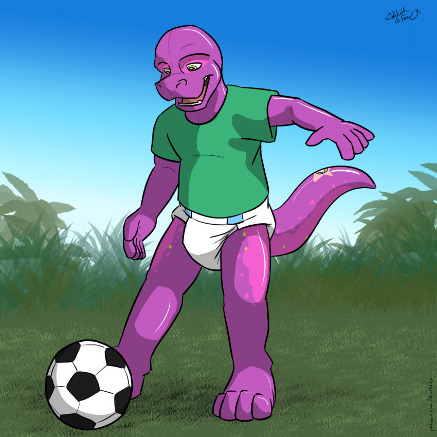 airwolf1987 animate_inanimate anthro ball clothing diaper dinosaur hand_outstretched hi_res inflatable living_inflatable looking_down male open_mouth pool_toy reptile scalie shirt soccer_ball solo theropod topwear tyrannosaurid tyrannosaurus tyrannosaurus_rex zoran