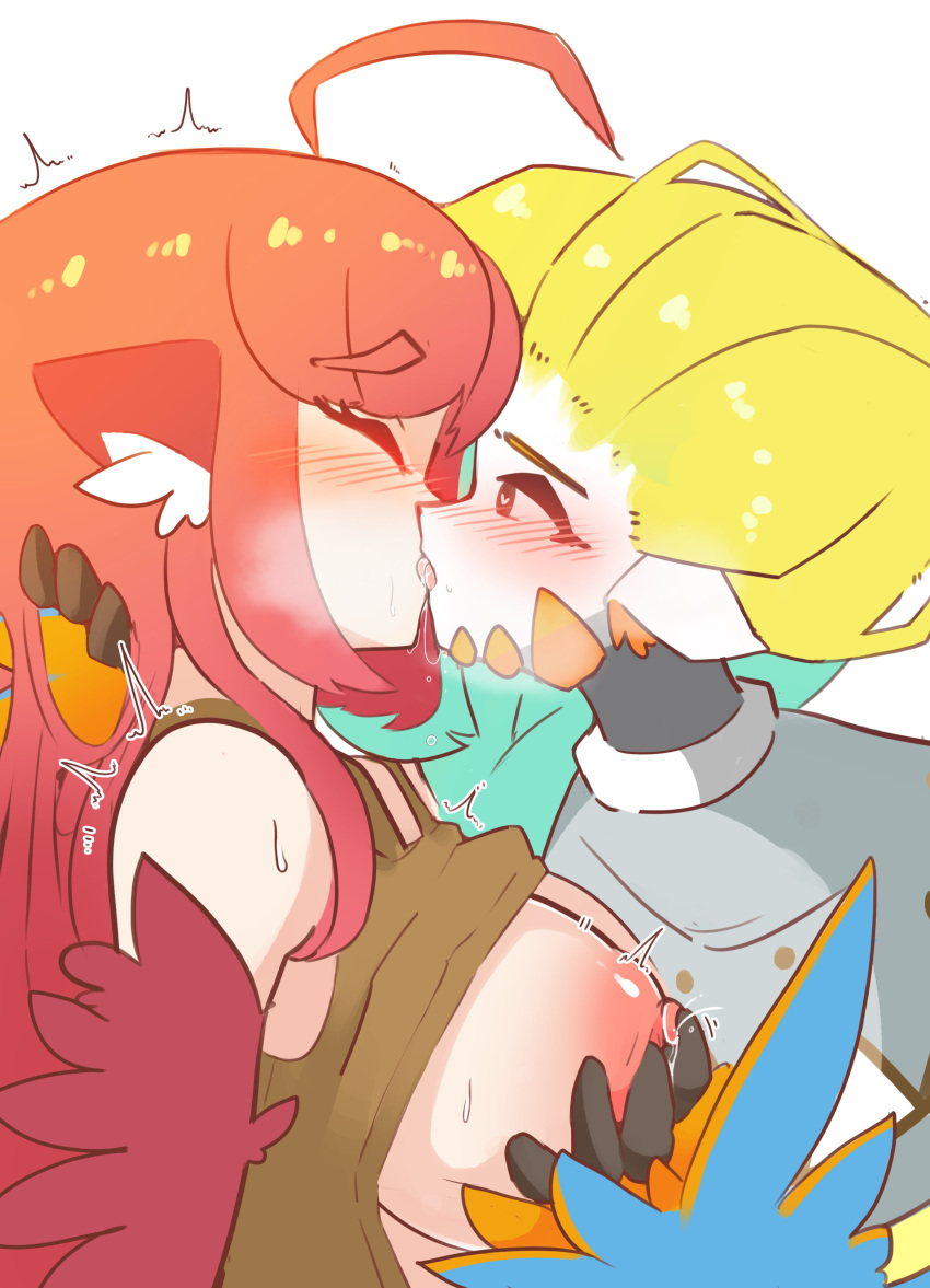 2girls absurdres ahoge animal_ears bangs bare_shoulders bird_ears blonde_hair blue_feathers blush breasts brown_tank_top clothes_lift coco_(eogks) feathers french_kiss green_hair harpy heart heart-shaped_pupils highres kiss large_breasts long_hair mako_(eogks) monster_girl multicolored_hair multiple_girls nipple_tweak nn_(eogks) open_mouth orange_feathers original red_feathers red_hair saliva shirt_lift symbol-shaped_pupils tank_top two-tone_hair two-tone_wings very_long_hair white_background winged_arms wings yuri