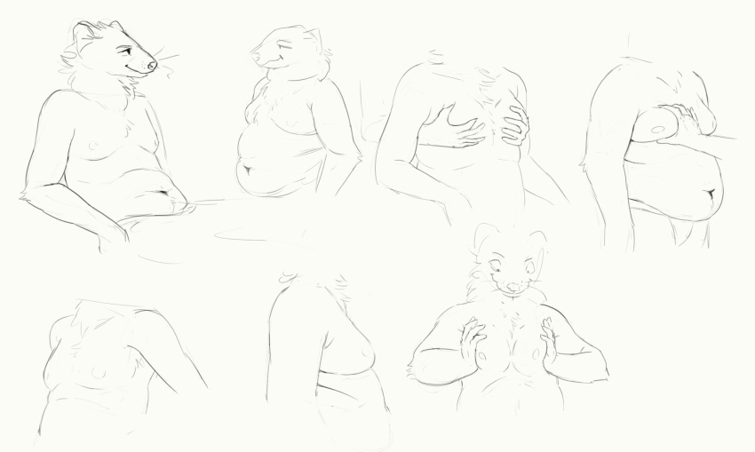 2019 anthro belly cettus clothed clothing group hi_res male mammal moob_grab moob_squish moobs multiple_images mustelid overweight overweight_anthro overweight_male sitting sketch sketch_page slightly_chubby slightly_chubby_anthro slightly_chubby_male smile standing topless