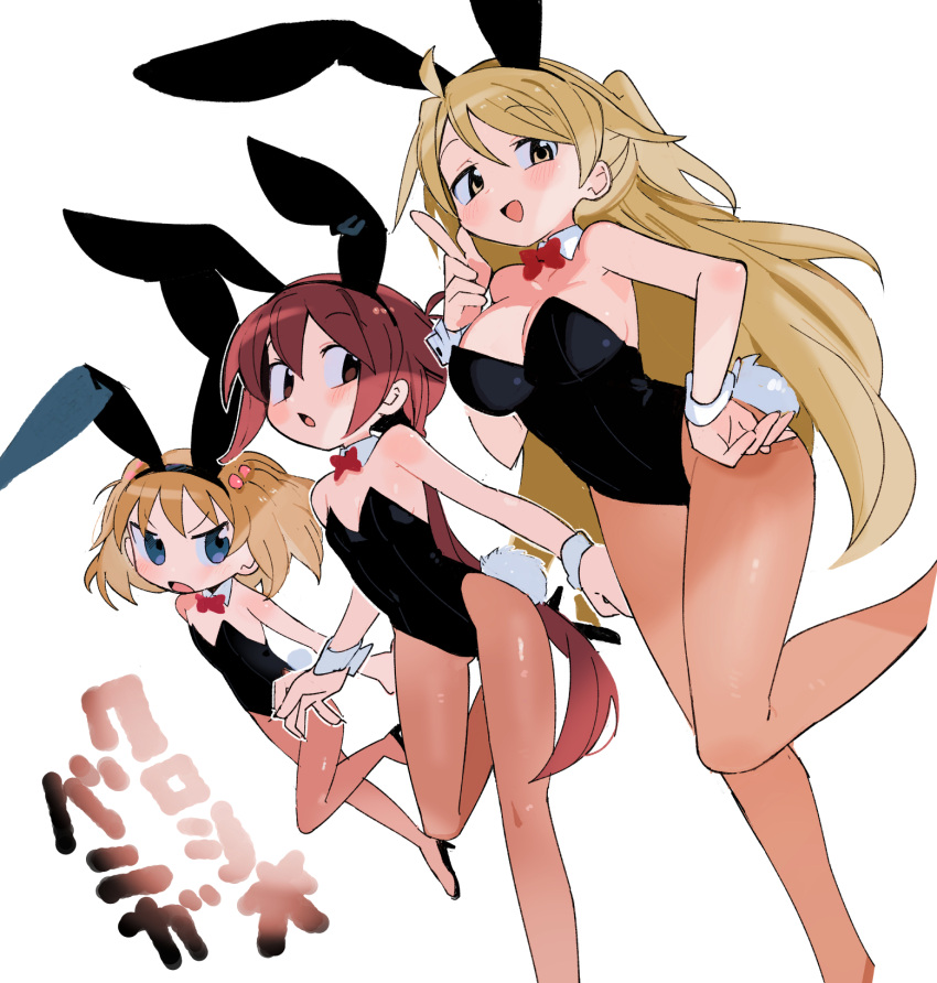 3girls alternate_costume animal_ears bangs bare_shoulders black_hairband black_leotard blonde_hair blue_eyes blush bow bowtie breast_envy breasts brown_eyes brown_hair character_request copyright_name detached_collar fake_animal_ears fake_tail flat_chest foot_up hair_bobbles hair_flaps hair_ornament hairband half_updo hand_on_hip hand_up height_difference high_heels highres index_finger_raised kokaki_mumose kuroshio_current large_breasts leotard long_hair looking_at_another looking_at_breasts looking_at_viewer low_ponytail matching_outfit multiple_girls nagi_akasa open_mouth pantyhose parody pink_pantyhose playboy_bunny rabbit_ears rabbit_tail red_bow red_bowtie short_hair small_breasts tail title_parody v-shaped_eyebrows wrist_cuffs