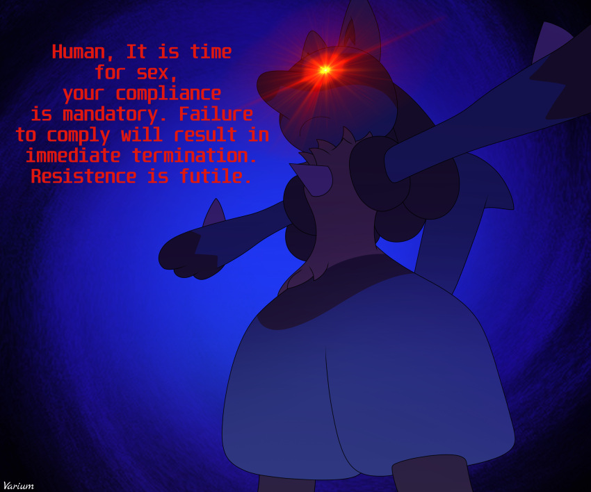 2023 absurd_res blue_body blue_fur canid canine canis dialogue digital_media_(artwork) dominant english_text frown fur generation_4_pokemon glowing glowing_eyes hair hi_res lucario male mammal meme nintendo pokemon pokemon_(species) simple_background solo spikes spikes_(anatomy) standing t-pose text varium