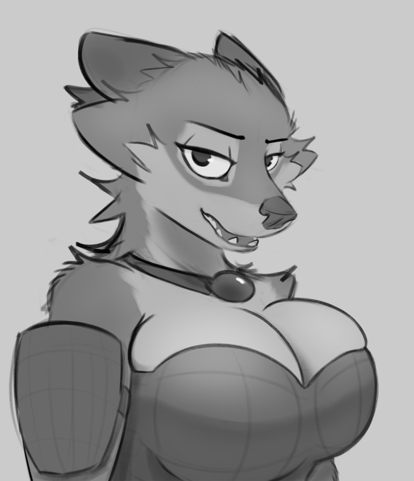 2022 anthro big_breasts breasts bust_portrait canid canine cleavage clothed clothing female fur hi_res looking_at_viewer mammal open_mouth portrait schmutzo simple_background sketch solo teeth