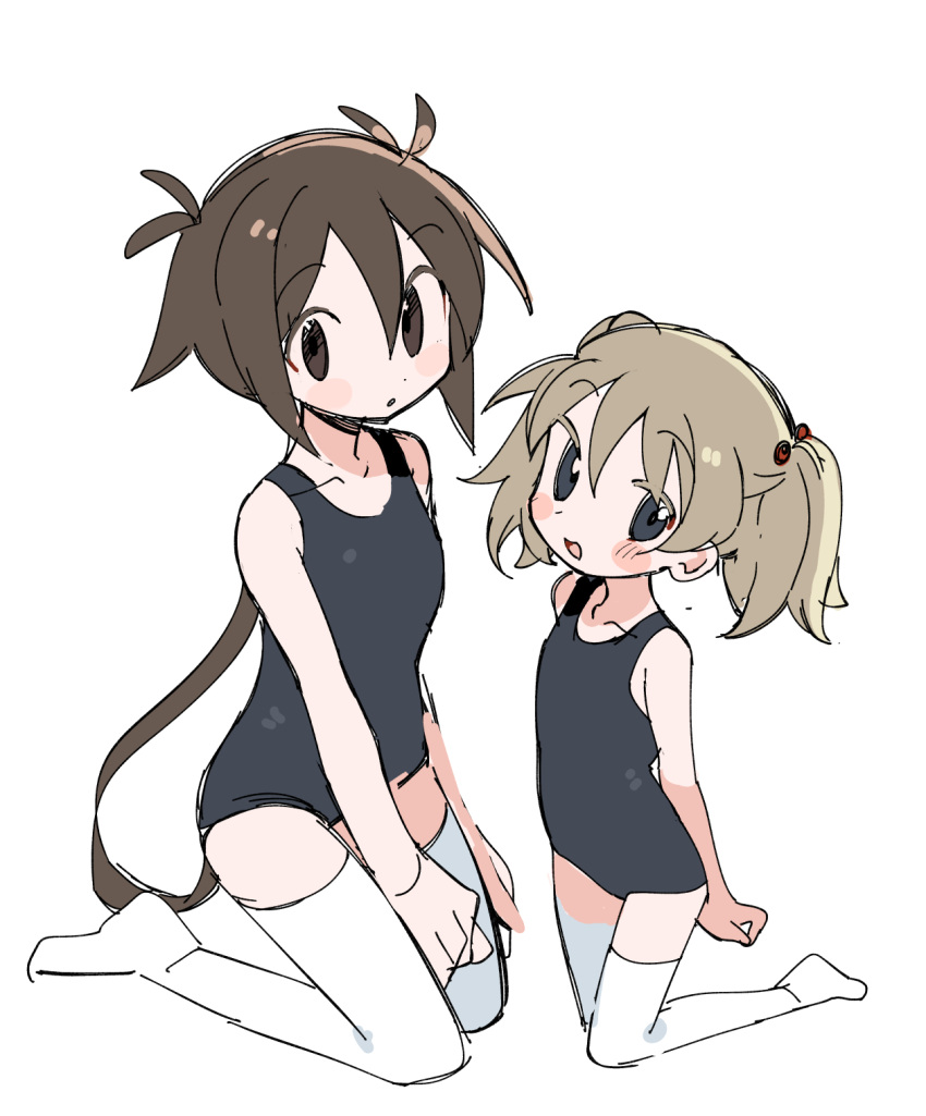 2girls arms_behind_back bangs bare_shoulders between_legs black_eyes black_one-piece_swimsuit blush_stickers breasts brown_eyes brown_hair character_request collarbone dot_nose flat_chest full_body hair_bobbles hair_flaps hair_ornament hand_between_legs highres kneeling kokaki_mumose kuroshio_current light_brown_hair long_hair looking_at_viewer low_ponytail multiple_girls nagi_akasa no_sclera one-piece_swimsuit open_mouth parted_lips raised_eyebrows school_swimsuit short_twintails sideways_glance simple_background sketch small_breasts smile swimsuit thighhighs twintails very_long_hair white_background white_thighhighs