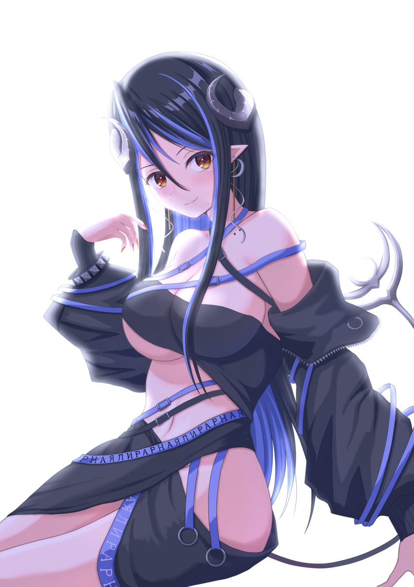 1girl 774_inc. absurdres bangs belt black_bandeau black_belt black_hair black_jacket black_skirt blue_belt blue_hair blush breasts brown_eyes chest_belt cleavage closed_mouth commentary_request cowboy_shot curled_horns demon_girl demon_horns demon_tail grey_horns hair_between_eyes hebiyoi_tier highres hip_vent horns jacket large_breasts long_hair long_sleeves looking_at_viewer multicolored_hair natsuki_aya navel off_shoulder open_clothes open_jacket pointy_ears red_nails sidelocks simple_background skirt smile snake_bite solo sugar_lyric tail two-tone_hair underboob virtual_youtuber white_background