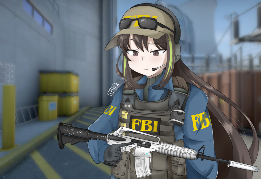 1girl armor artist_name assault_rifle bangs baseball_cap blue_jacket body_armor brown_eyes brown_hair counter-strike_(series) counter_strike:_global_offensive english_commentary eyewear_on_head fbi gameplay_mechanics girls'_frontline gun hair_between_eyes hat headset jacket long_hair m4_carbine m4a1_(girls'_frontline) magazine_(weapon) multicolored_hair nuclear_powerplant outdoors plate_carrier pouch power_lines radio ribbed_sweater rifle road shipping_container sidelocks snap-fit_buckle solo sp4rk stanag_magazine streaked_hair sunglasses suppressor sweater trigger_discipline upper_body very_long_hair walkie-talkie weapon