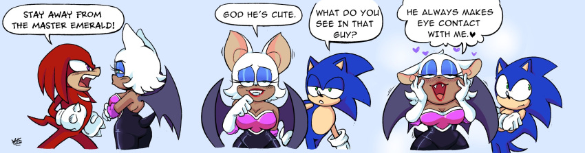 2023 anthro bat breasts cleavage clothed clothing comic dialogue echidna english_text eulipotyphlan female group hand_on_face hedgehog hi_res humor knuckles_the_echidna male mammal monotreme rouge_the_bat sega sonic_the_hedgehog sonic_the_hedgehog_(series) text trio yotomoe