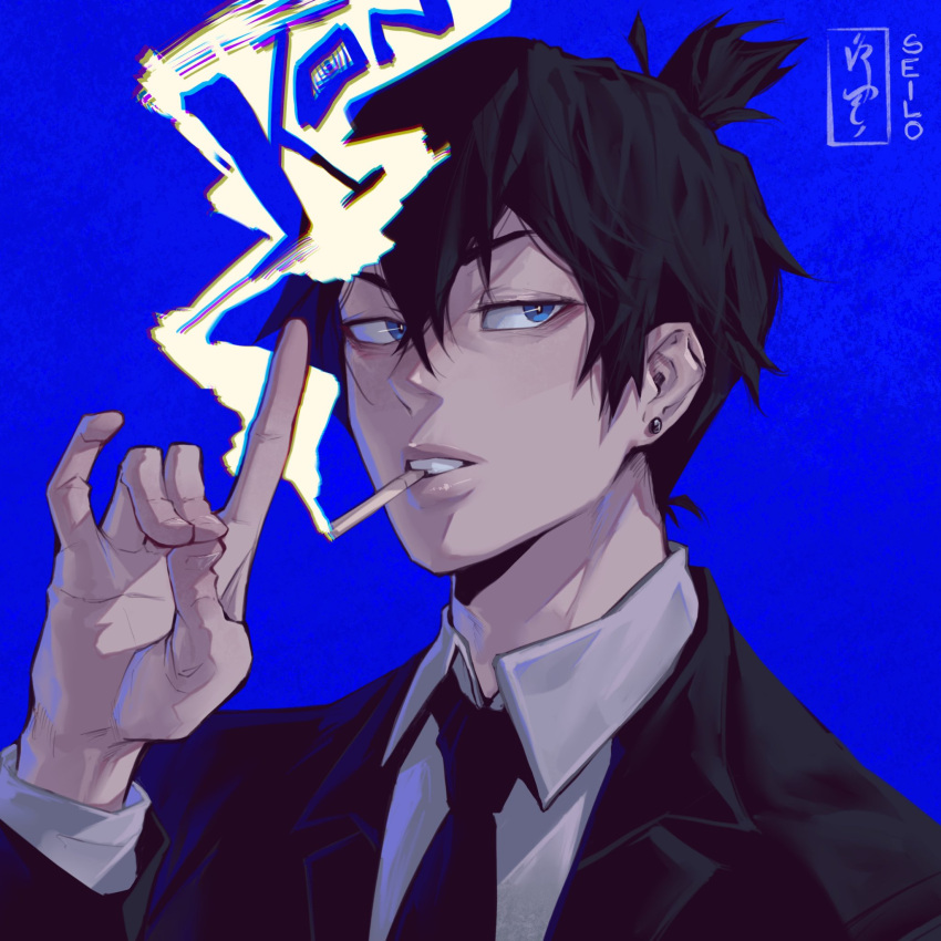 1boy bangs black_hair black_jacket black_necktie blue_background blue_eyes blue_theme chainsaw_man cigarette collared_shirt earrings formal fox_shadow_puppet hayakawa_aki highres jacket jewelry looking_at_viewer necktie parted_lips seilo_art shirt short_hair smoke smoking solo stud_earrings suit suit_jacket topknot white_shirt