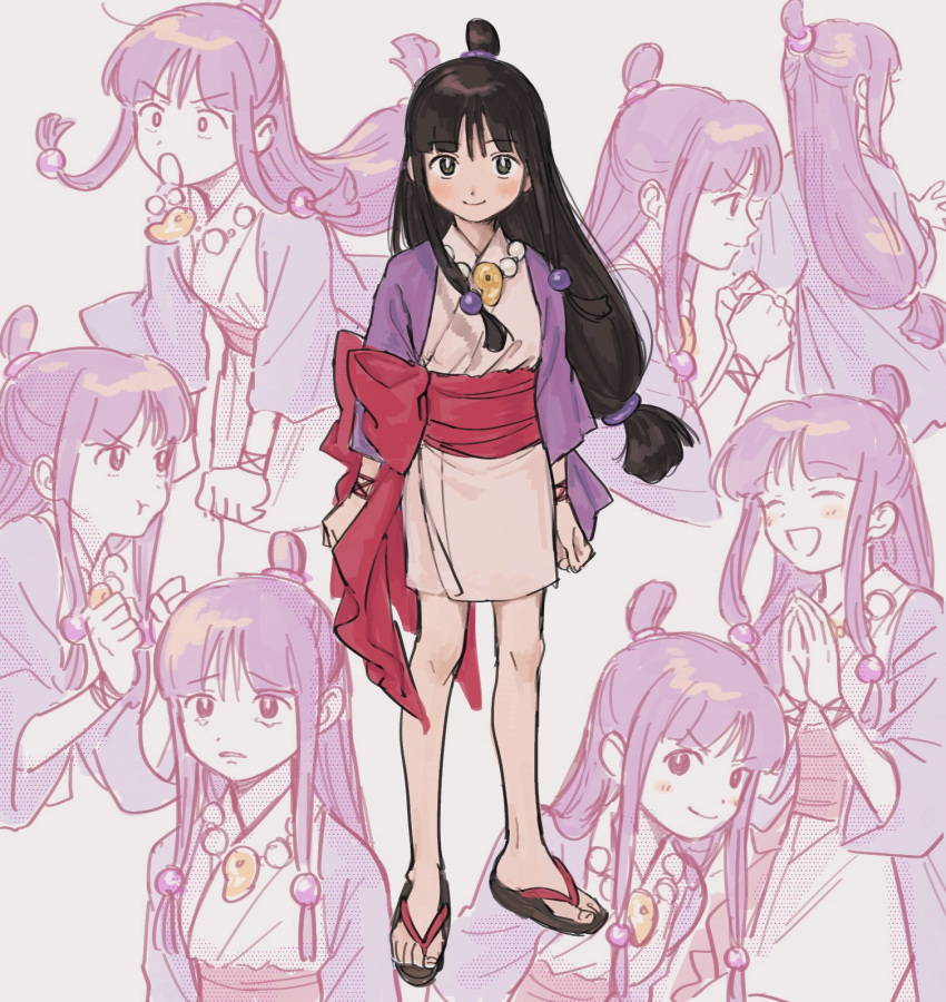 1girl ace_attorney bangs black_hair blunt_bangs blush clenched_hands closed_eyes closed_mouth expressions full_body geta hair_ornament half_updo hanten_(clothes) highres jacket japanese_clothes jewelry kimono long_hair long_sleeves looking_at_viewer magatama magatama_necklace maya_fey multiple_views necklace obi open_mouth own_hands_together parted_bangs pink_sash pout purple_jacket renshu_usodayo sad sash short_kimono sidelocks smile white_kimono