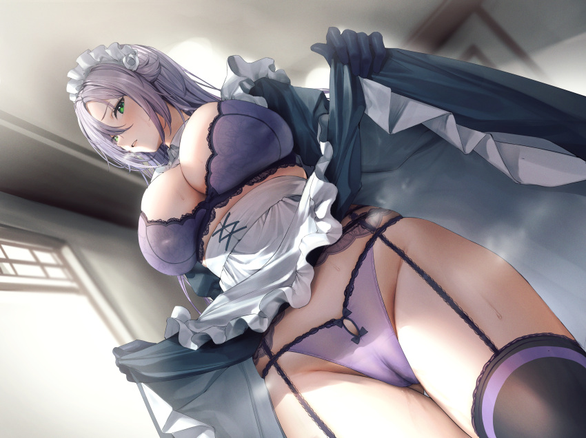 1girl absurdres bangs black_gloves black_thighhighs blush bra breasts cameltoe clothes_lift dutch_angle frilled_skirt frills from_below garter_belt gloves green_eyes groin hair_between_eyes highres hiyashi_mirano indoors lace-trimmed_bra lace_trim large_breasts lifted_by_self long_hair looking_at_viewer looking_down maid non-web_source original panties parted_lips purple_bra purple_hair purple_panties skirt skirt_hold skirt_lift solo stained_panties steaming_body sweat thighhighs thighs thong underwear window