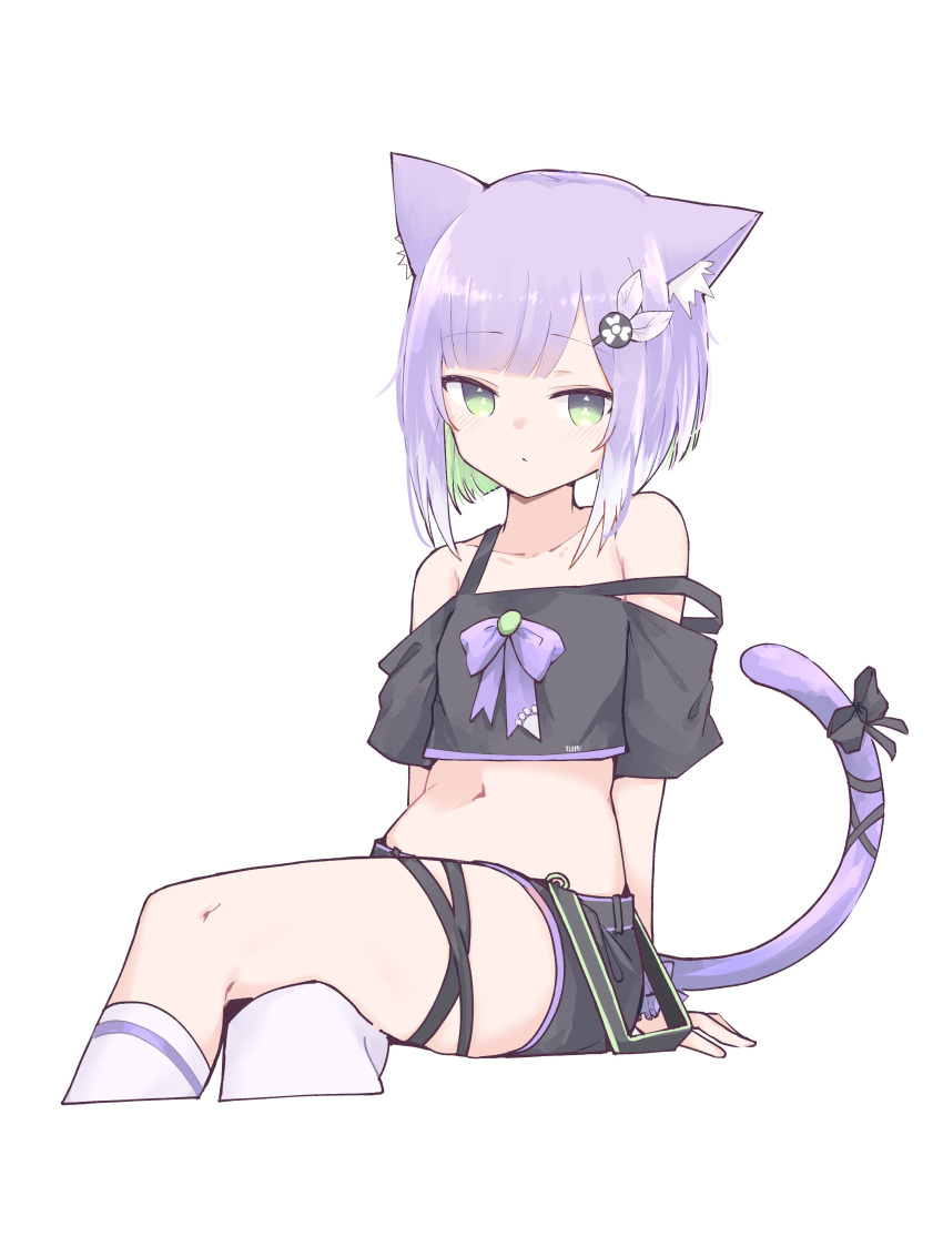 1girl absurdres animal_ear_fluff animal_ears bare_shoulders belt black_shirt black_shorts cat_ears cat_girl cat_tail colored_inner_hair crop_top cropped_legs cropped_shirt crossed_legs expressionless green_eyes green_hair highres indie_virtual_youtuber lyrinne midriff multicolored_hair navel purple_hair second-party_source shirt short_hair short_shorts short_sleeves shorts shwaa simple_background single_thighhigh sitting strap_slip tail thighhighs virtual_youtuber white_background