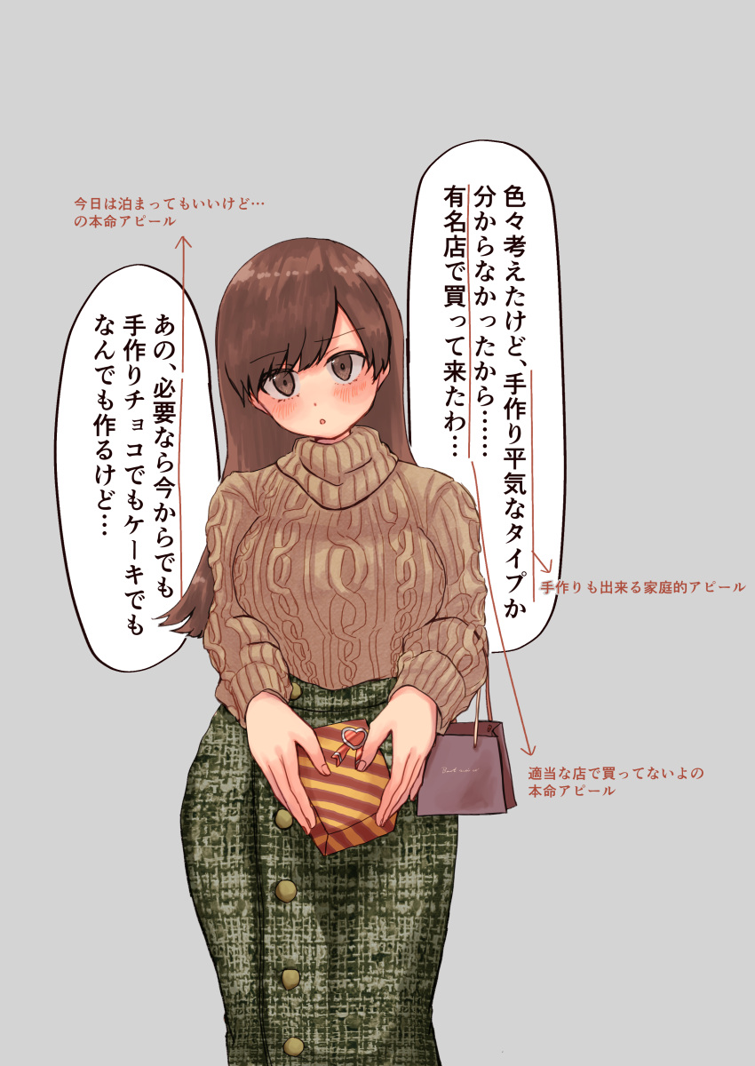 1girl absurdres alternate_costume brown_eyes brown_hair commentary green_skirt grey_background highres kantai_collection long_hair long_skirt long_sleeves looking_at_viewer mizunototori ooi_(kancolle) ribbed_sweater simple_background skirt solo sweater turtleneck turtleneck_sweater white_sweater