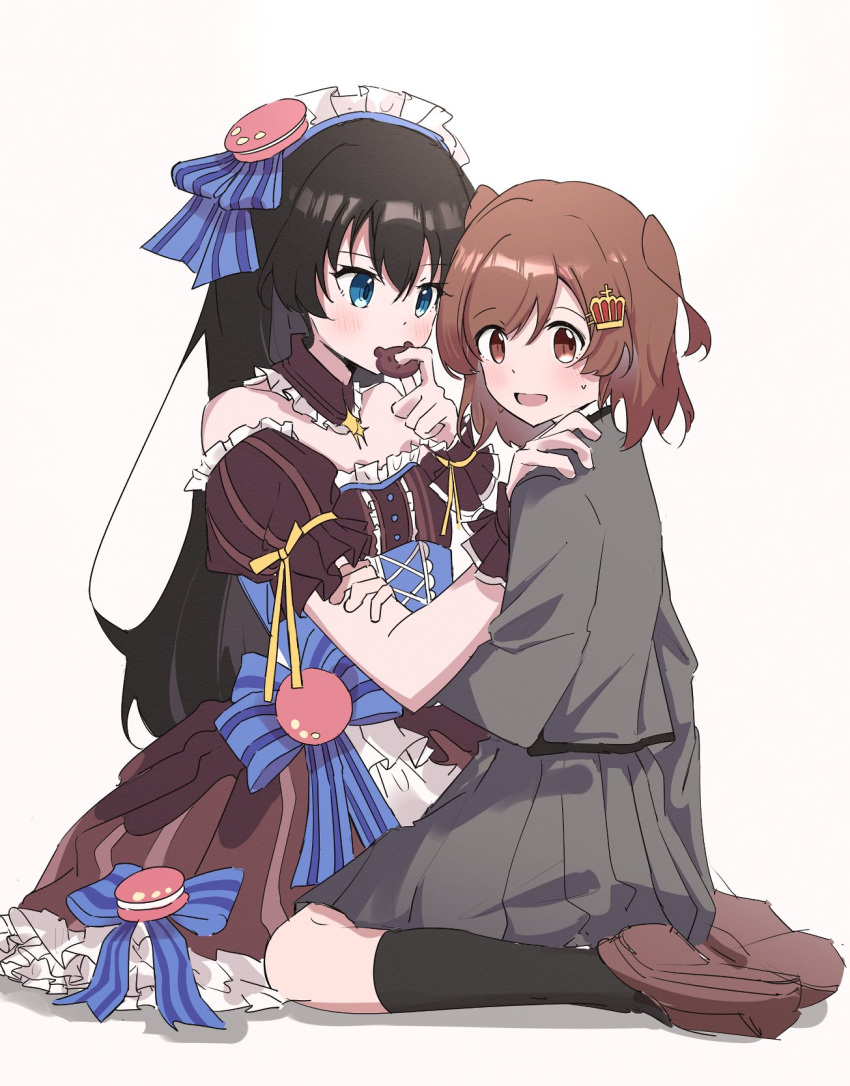 2girls aijou_karen arm_at_side bangs bare_shoulders black_hair black_socks blue_bow blue_eyes blue_ribbon blush bow brown_collar brown_dress brown_eyes brown_footwear brown_hair chocolate collar commentary_request crown_hair_ornament detached_sleeves dress dress_bow food food-themed_hair_ornament frilled_collar frilled_dress frilled_sleeves frills from_side full_body gradient_background grey_jacket grey_skirt hair_between_eyes hair_ornament hair_ribbon hairclip hand_on_another's_arm hand_on_another's_shoulder hand_up hands_up highres holding holding_chocolate holding_food jacket kagura_hikari kneehighs korean_commentary loafers long_hair looking_at_another looking_away looking_to_the_side macaron_hair_ornament maid_headdress miniskirt multiple_girls official_alternate_costume pink_background pleated_skirt po_(44popo44popo) puffy_detached_sleeves puffy_short_sleeves puffy_sleeves ribbon school_uniform seishou_music_academy_uniform shoe_soles shoes short_sleeves shoujo_kageki_revue_starlight shoujo_kageki_revue_starlight_-re_live- sitting skirt socks striped striped_bow striped_dress sweatdrop swept_bangs two_side_up vertical-striped_dress vertical_stripes very_long_hair wariza white_background yuri