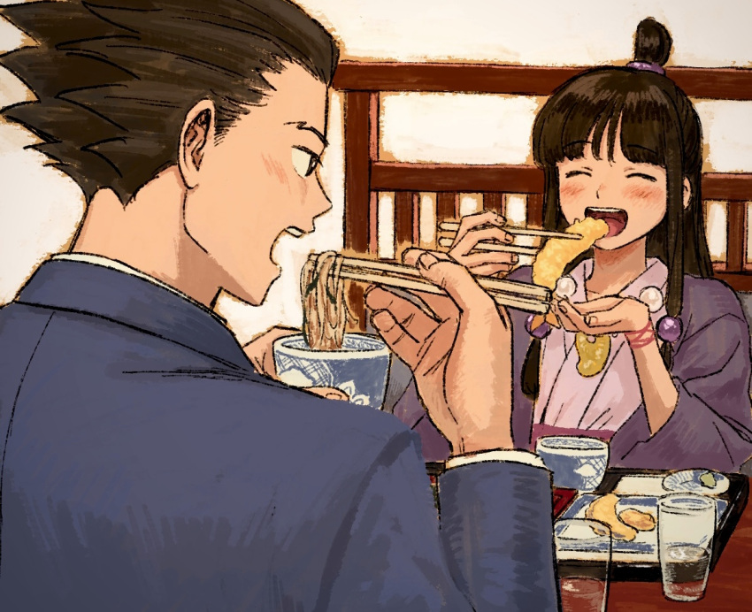 1boy 1girl ace_attorney bangs black_hair blue_jacket blunt_bangs blush bowl chopsticks closed_eyes cup drinking_glass eating food hair_ornament half_updo holding holding_bowl holding_chopsticks jacket japanese_clothes jewelry long_hair long_sleeves magatama maya_fey necklace open_mouth parted_bangs phoenix_wright plate purple_jacket renshu_usodayo shirt short_hair shrimp shrimp_tempura sidelocks smile spiked_hair table tempura upper_body