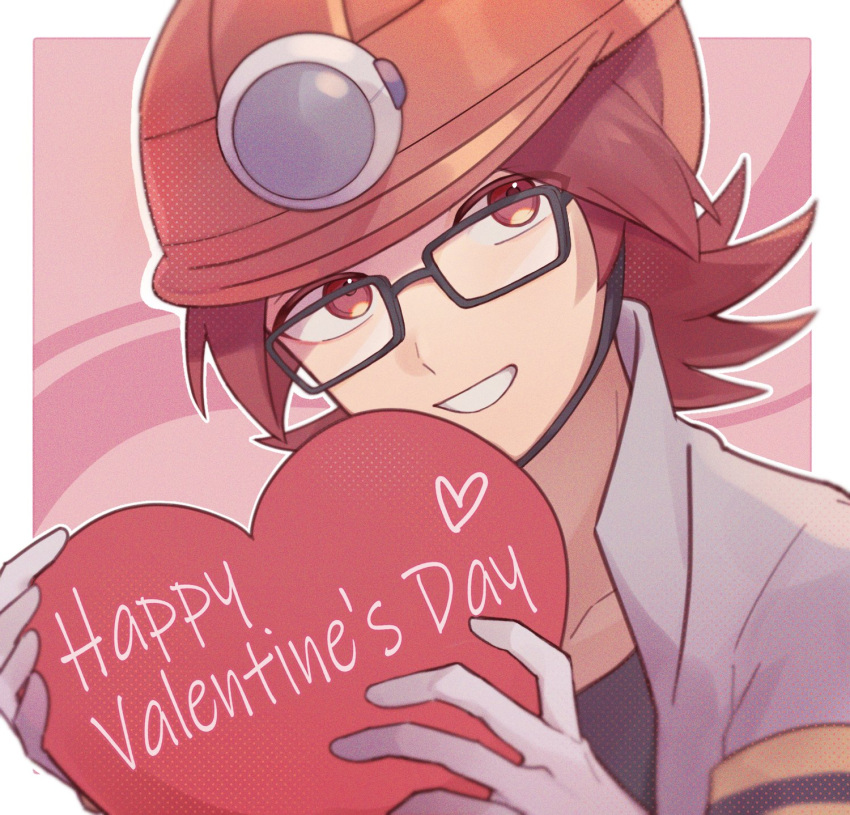 1boy black-framed_eyewear black_shirt border commentary_request glasses gloves grey_jacket grin hands_up happy_valentine heart helmet highres holding jacket male_focus medium_hair orange_headwear outline outside_border pokemon pokemon_(game) pokemon_dppt red_eyes red_hair roark_(pokemon) shirt sioinari_03 smile solo teeth upper_body valentine white_border