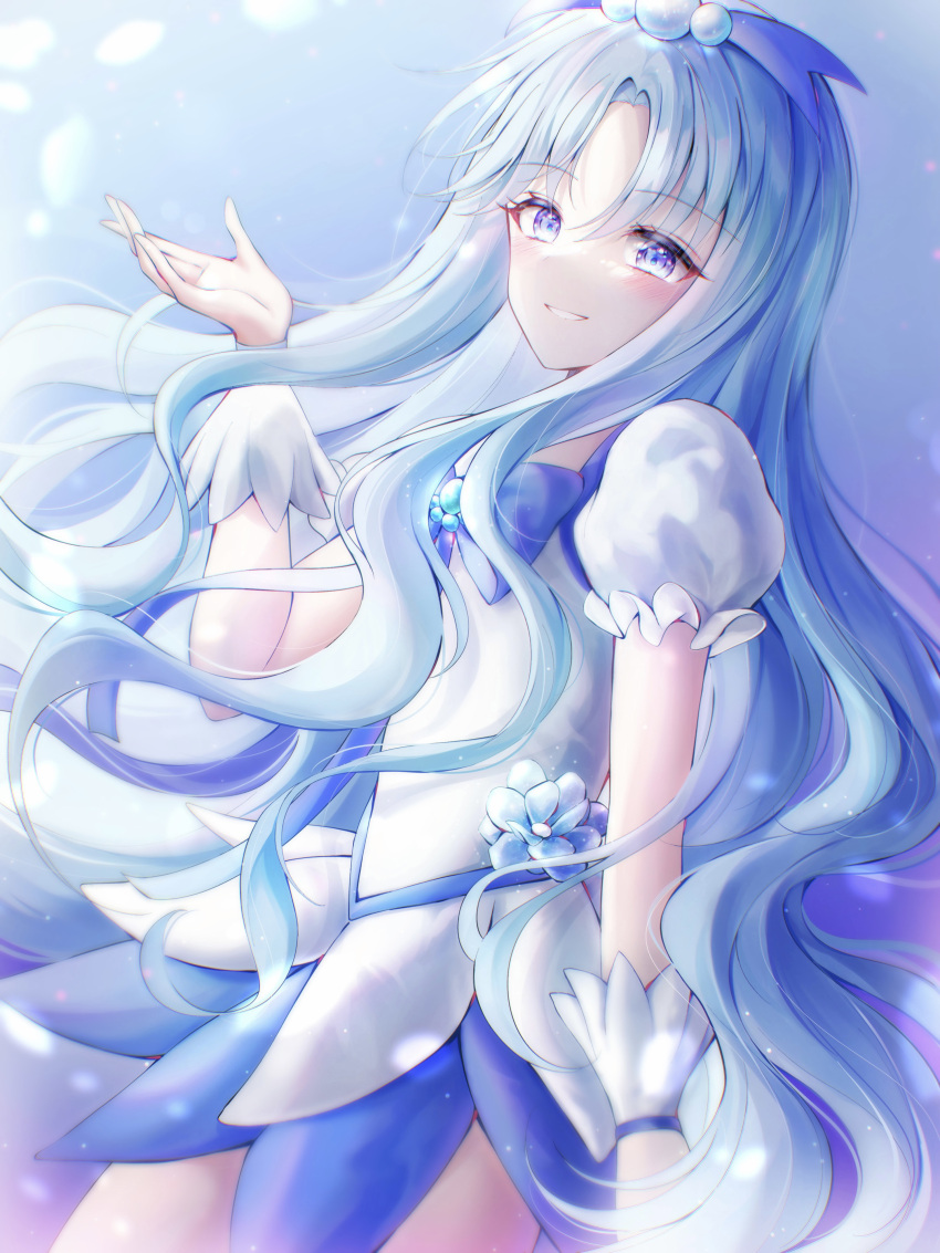 1girl absurdres blue_background blue_choker blue_dress blue_eyes blue_hair brooch choker cure_marine dress gradient_background heart_brooch heartcatch_precure! highres jewelry long_hair looking_at_viewer magical_girl precure puffy_short_sleeves puffy_sleeves short_sleeves solo thighhighs user_ypzd8745 white_dress white_thighhighs