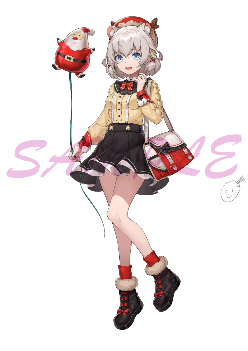 1girl :d absurdres animal_ear_fluff animal_ears ankle_boots ankle_socks artist_logo bag balloon beret black_footwear black_skirt blue_eyes boots bow bowtie deer_antlers foot_up footwear_bow full_body grey_hair hair_ornament hair_ribbon hamster_ears hand_up hat highres holding holding_balloon hoshimi_(virtuareal) long_sleeves miniskirt nijisanji official_art red_bag red_bow red_bowtie red_headwear red_ribbon red_socks ribbon sample_watermark san_ge_er_chaofan santa_claus shirt short_hair shoulder_bag skirt smile socks solo standing standing_on_one_leg star_(symbol) star_hair_ornament tachi-e teeth upper_teeth_only virtual_youtuber virtuareal white_background yellow_shirt