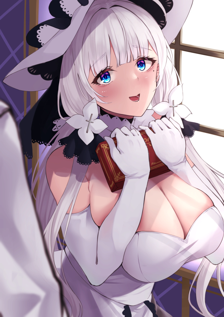 1boy 1girl azur_lane bangs bare_shoulders blue_eyes blush breasts cleavage dress elbow_gloves gloves hair_ornament hat highres illustrious_(azur_lane) large_breasts large_hat mole mole_under_eye open_mouth smile solo_focus wee_(weeyy) white_dress white_gloves white_hair white_headwear