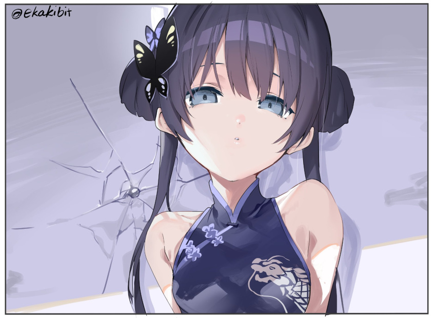 black_dress black_hair blue_archive braid braided_bun butterfly_hair_ornament china_dress chinese_clothes double_bun dragon_print dress ekakibito grey_eyes hair_bun hair_ornament halo highres kisaki_(blue_archive) long_hair print_dress sleeveless sleeveless_dress twintails