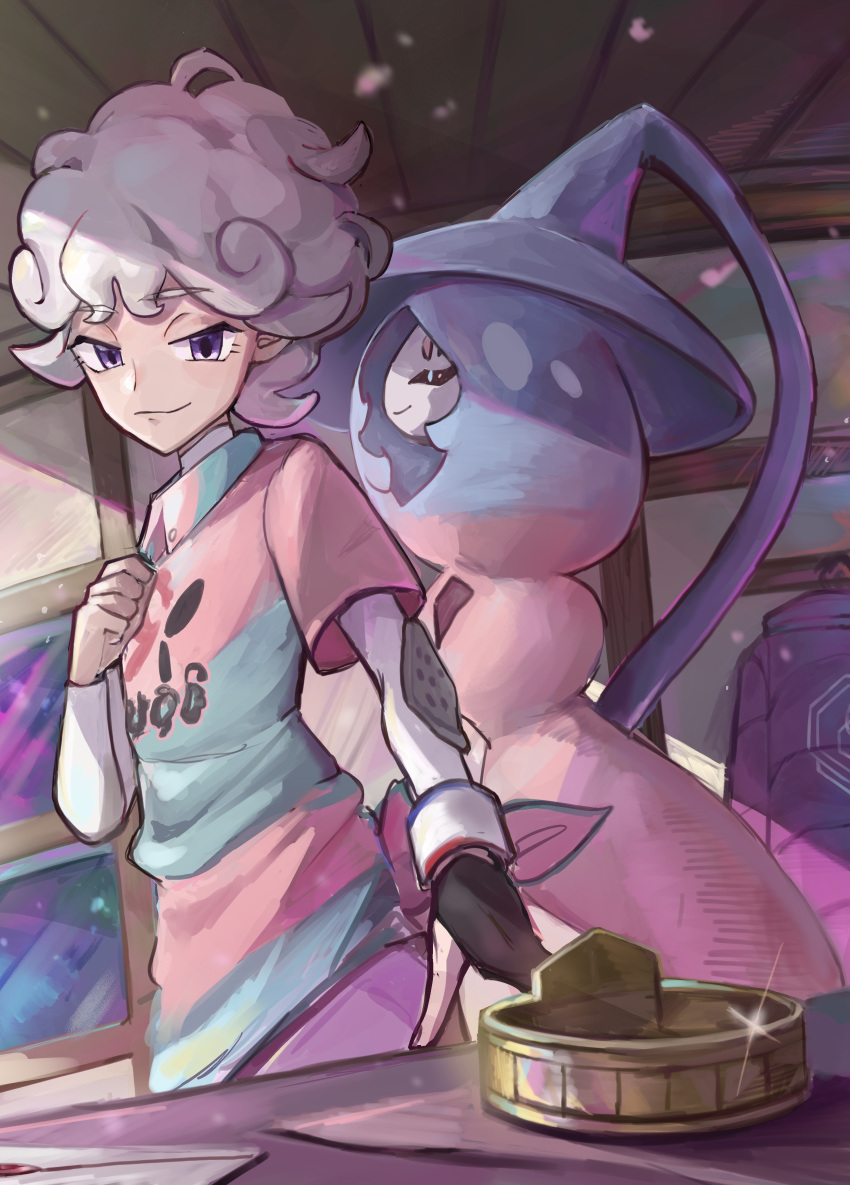 1boy absurdres bangs bede_(pokemon) closed_mouth collared_shirt commentary_request curly_hair dynamax_band gloves grey_hair hachiya_(silica_q) hatterene highres looking_down male_focus partially_fingerless_gloves pokemon pokemon_(creature) pokemon_(game) pokemon_swsh purple_eyes shirt short_hair single_glove smile tied_shirt undershirt