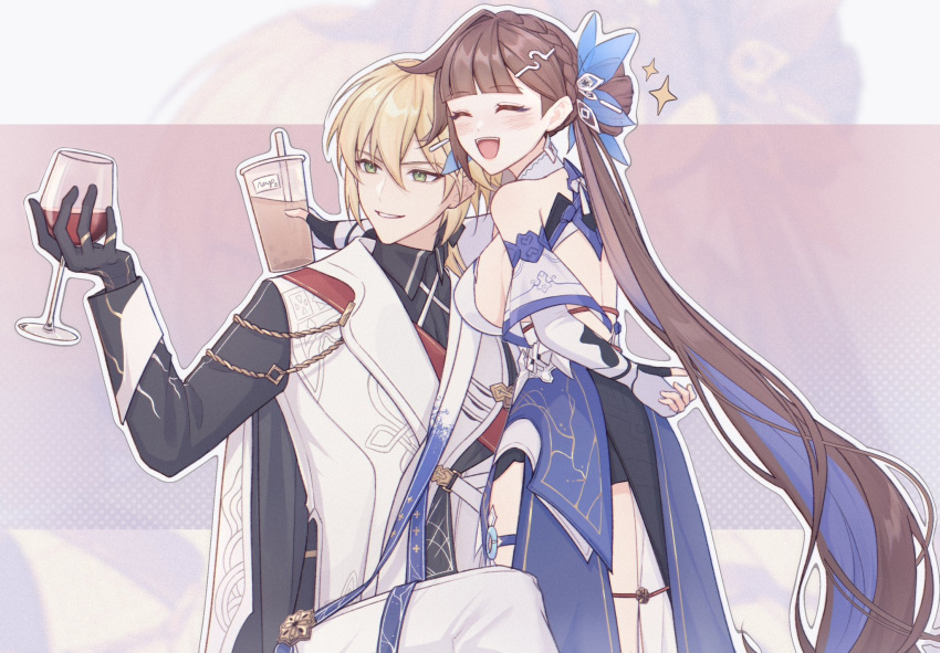 1boy 1girl :d ^_^ ^o^ alcohol backless_dress backless_outfit bangs bare_shoulders black_gloves blonde_hair breasts brown_hair china_dress chinese_clothes closed_eyes coat cup dress drinking_glass elbow_gloves fingerless_gloves gloves green_eyes grin hair_ornament highres holding holding_cup honkai_(series) honkai_impact_3rd li_sushang li_sushang_(jade_knight) long_hair milkshake napppptt otto_apocalypse outline smile teeth very_long_hair white_coat white_dress white_gloves white_outline wine wine_glass