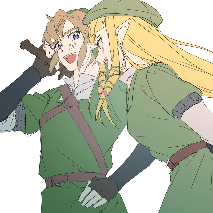 1boy 1girl absurdres arm_up belt blonde_hair blue_eyes brown_hair cosplay couple earrings fingerless_gloves gloves green_tunic hand_on_hip hat highres hwion jewelry link link_(cosplay) long_hair looking_away open_mouth pointy_ears princess_zelda simple_background sword the_legend_of_zelda the_legend_of_zelda:_skyward_sword weapon white_background