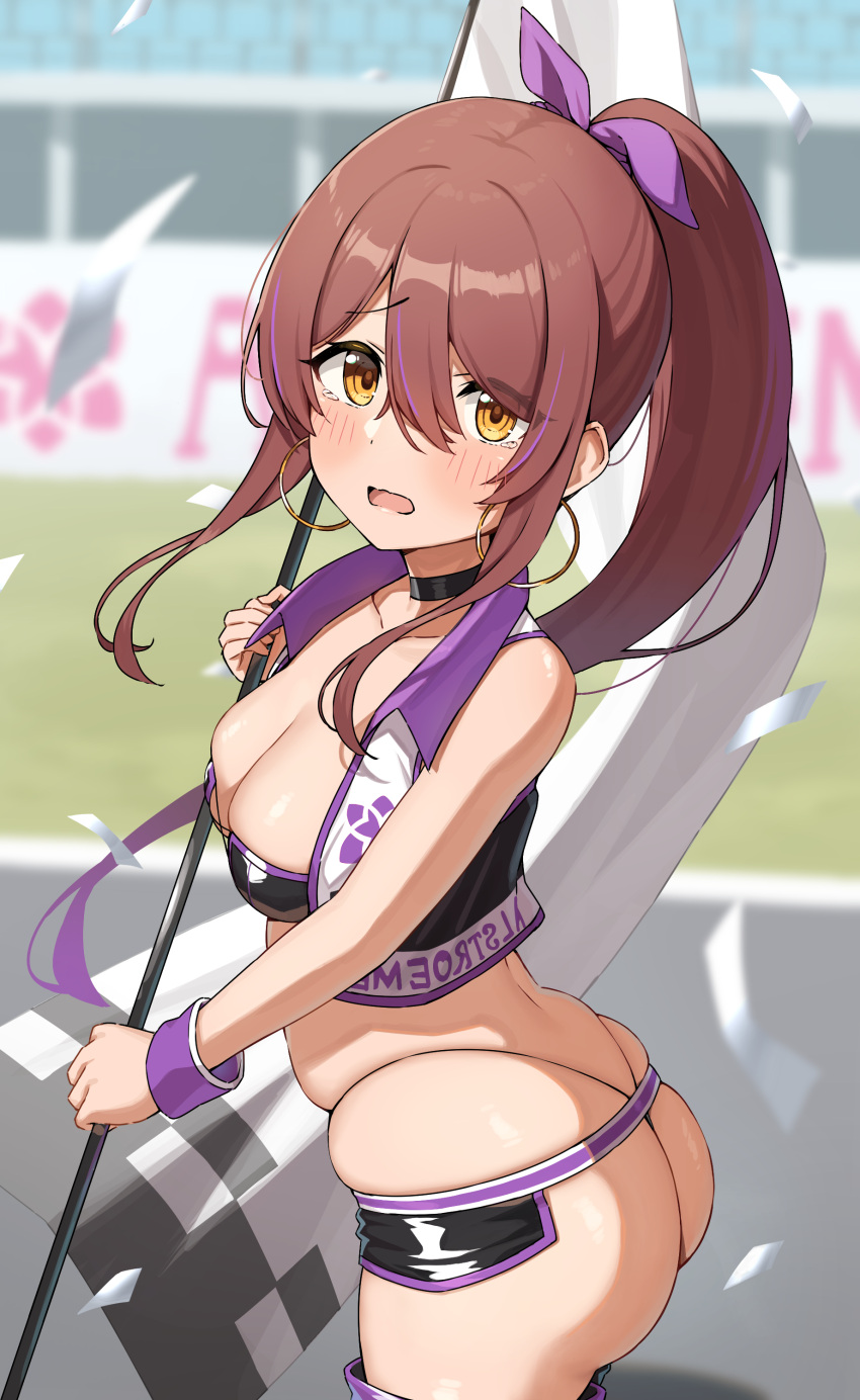1girl absurdres ass bangs black_pantyhose blurry blurry_background blurry_foreground breasts brown_hair clothes_writing collarbone commentary_request confetti cropped_vest day dot_nose earrings flag from_side gradient_hair hair_between_eyes highleg highleg_panties highres holding hoop_earrings idolmaster idolmaster_shiny_colors jewelry long_hair looking_at_viewer looking_back medium_breasts multicolored_hair open_mouth osaki_tenka outdoors panties pantyhose ponytail purple_hair race_queen raised_eyebrow revealing_clothes skindentation solo standing thighs thong twisted_torso underwear very_long_hair vest wanimaru wavy_mouth yellow_eyes