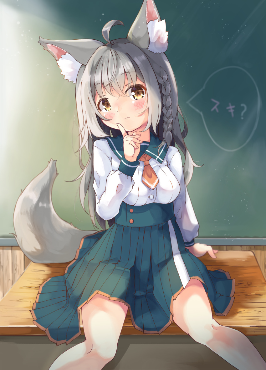 1girl absurdres ahoge animal_ear_fluff animal_ears bangs blue_skirt blush braid breasts brown_eyes brown_necktie cat_ears cat_girl cat_tail chalkboard closed_mouth collared_shirt commentary_request desk dress_shirt feet_out_of_frame grey_hair hair_between_eyes hand_up highres index_finger_raised indoors long_hair long_sleeves looking_at_viewer manabe_mana medium_breasts necktie on_desk original pleated_skirt puffy_long_sleeves puffy_sleeves school_uniform shirt short_necktie sitting sitting_on_desk skirt solo tail translation_request very_long_hair white_shirt