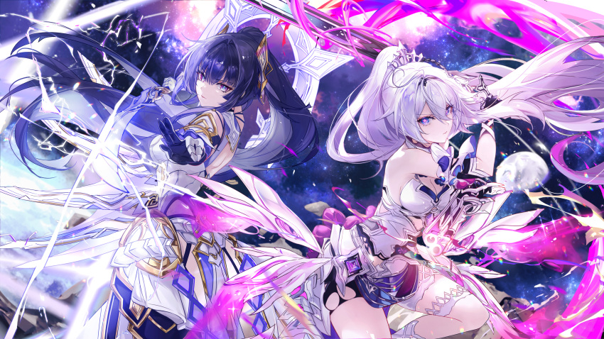 2girls absurdres bare_back bare_shoulders black_hair breasts cleavage crown detached_sleeves gradient_background hair_ornament highres holding holding_sword holding_weapon honkai_(series) honkai_impact_3rd kiana_kaslana kiana_kaslana_(herrscher_of_finality) looking_at_viewer medium_breasts moon multiple_girls ponytail raiden_mei raiden_mei_(herrscher_of_origin) sword thigh_strap vardan weapon white_armor white_hair