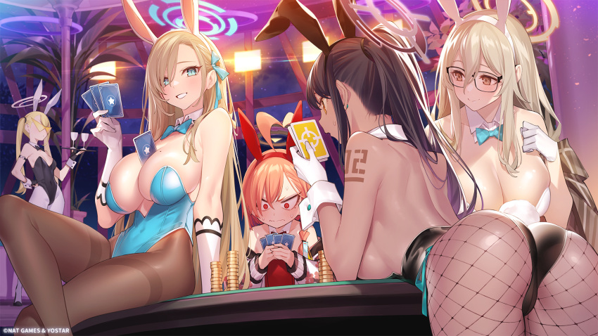 5girls ahoge akane_(blue_archive) akane_(bunny)_(blue_archive) animal_ears ass asuna_(blue_archive) asuna_(bunny)_(blue_archive) between_breasts black_hair black_leotard blonde_hair blue_archive blue_eyes blue_leotard blush bow bowtie breasts brown_eyes bunny_girl_guard_(sr)_(blue_archive) card cleavage closed_mouth commentary_request dark-skinned_female dark_skin detached_collar extra fake_animal_ears fake_tail fishnet_pantyhose fishnets glasses gloves halo hand_on_hip highres holding huge_ahoge jacket karin_(blue_archive) karin_(bunny)_(blue_archive) large_breasts leotard logo long_hair medium_breasts mole mole_on_breast mole_under_eye multiple_girls neru_(blue_archive) neru_(bunny)_(blue_archive) number_tattoo off_shoulder official_alternate_costume official_art open_mouth orange_hair pantyhose playboy_bunny playing_card popqn rabbit_ears rabbit_tail red_eyes red_leotard shoulder_tattoo smile sunglasses sweat tail tattoo thighband_pantyhose third-party_source traditional_bowtie white_gloves white_leotard wrist_cuffs yellow_eyes