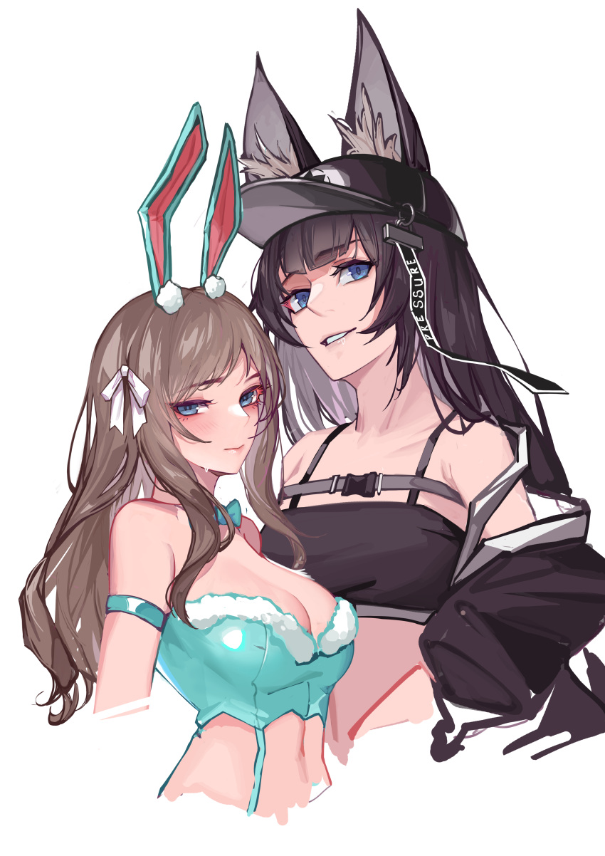 2girls absurdres animal_ears aqua_bow aqua_bowtie armband bangs bare_shoulders black_hair black_headwear black_jacket blue_eyes blunt_bangs bow bowtie breasts brown_hair chest_strap cleavage closed_mouth cropped_torso grin hair_ornament hat highres jacket jacket_partially_removed long_hair looking_at_viewer medium_breasts midriff multiple_girls navel original rabbit_ears ribbon ribbon_hair simple_background small_breasts smile stomach white_ribbon wolf_ears yaoshan_shi