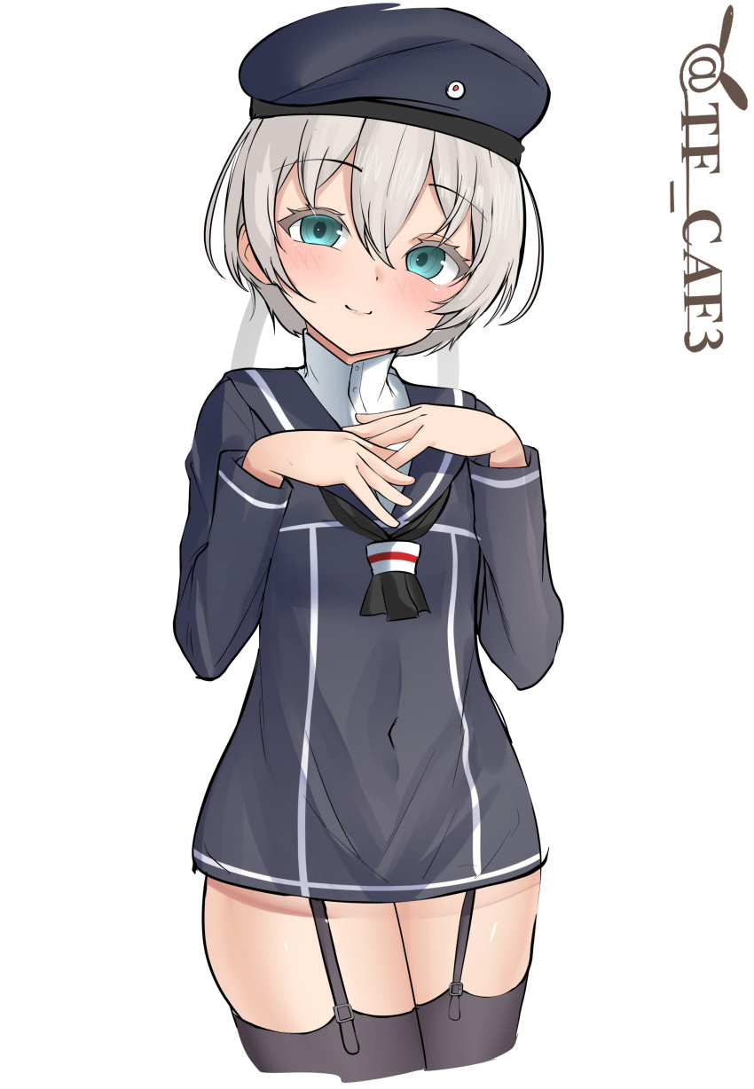 1girl absurdres alternate_legwear black_neckerchief black_thighhighs blue_eyes dress garter_straps grey_hair hands_on_own_chest hat head_tilt highres kantai_collection looking_at_viewer neckerchief no_pants peaked_cap sailor_collar sailor_dress sailor_hat shirt short_dress short_hair simple_background smile solo tf_cafe thighhighs twitter_username white_background white_shirt z1_leberecht_maass_(kancolle) zettai_ryouiki