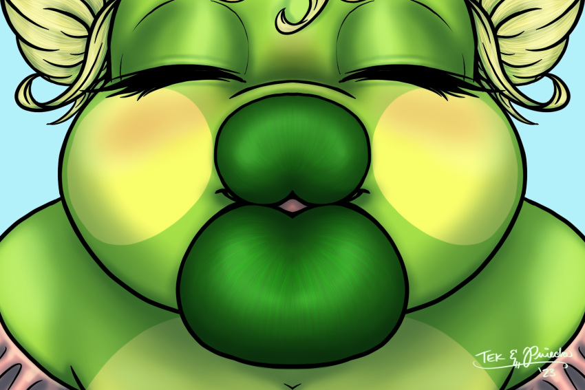 amphibian anthro digital_media_(artwork) female first_person_view frog hi_res incoming_kiss kissing kissing_pov kissy_face lips lipstick makeup penny_(tekandprieda) solo story_at_source tekandprieda_(artist) the_rune_tapper thick_lips