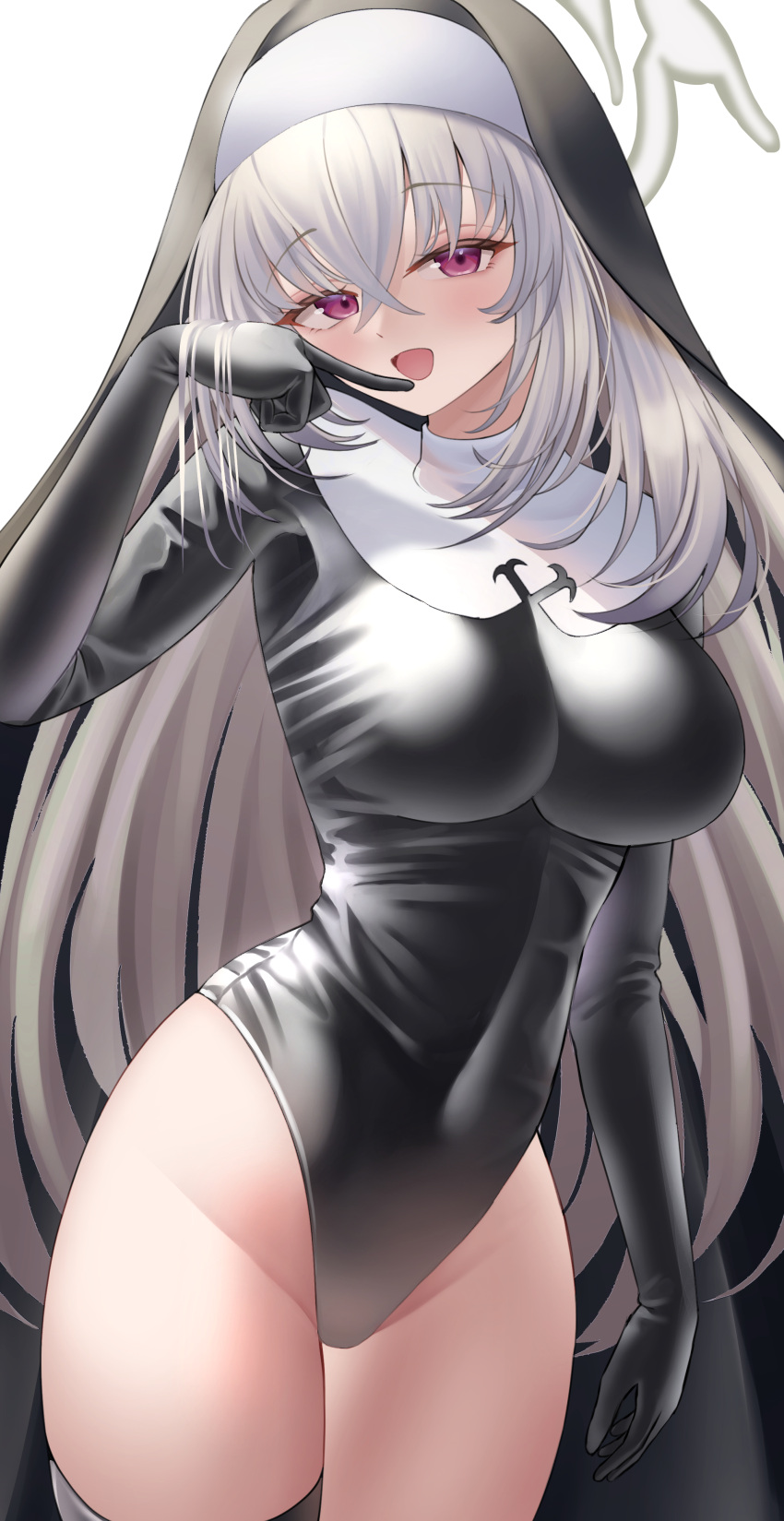 1girl :d absurdres arm_up azuma_(sospower73) bangs black_gloves black_leotard black_thighhighs blue_archive blush covered_navel cowboy_shot gloves grey_hair halo highleg highleg_leotard highres impossible_clothes impossible_leotard justina_follower_(blue_archive) latex latex_leotard leotard long_hair looking_at_viewer nun open_mouth purple_eyes sakurako_(blue_archive) simple_background single_thighhigh smile solo thighhighs veil very_long_hair white_background