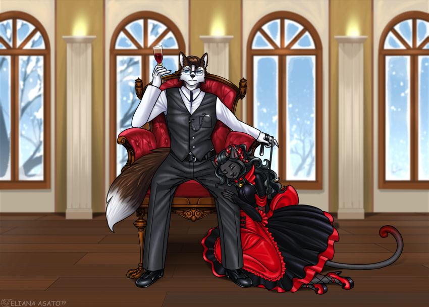 alcohol anthro armchair bell bell_collar beverage black_body black_fur black_hair black_leash blue_eyes brown_and_white_fur brown_body brown_fur brown_hair canid canine canis chair clothed clothing collar container costume cup curled_hair detailed_background digital_media_(artwork) domestic_cat domestic_dog dominant dress drinking_glass duo eliana-asato eyes_closed eyewear felid feline felis female fluffy fluffy_tail footwear fur furniture glass glass_container glass_cup glasses hair happy high_heels holding_leash holding_object horn hugging_leg husky inside kneeling leash legwear long_dress long_hair looking_at_viewer maid_apron maid_uniform male mammal master nordic_sled_dog on_leash pet plant red_collar red_tail_tip shirt short_hair sitting sitting_on_ground smile spitz submissive suit tail throne topwear tree uniform white_body white_fur window wine winter