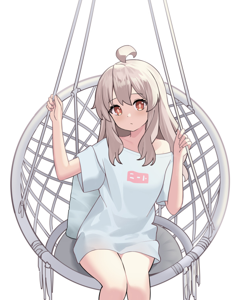 1girl absurdres ahoge bangs bare_legs brown_eyes chinese_commentary commentary_request hair_between_eyes hammock highres long_hair looking_at_viewer nagisa_(cxcx5235) no_pants onii-chan_wa_oshimai! oyama_mahiro shirt short_sleeves simple_background sitting solo t-shirt white_background white_hair white_shirt