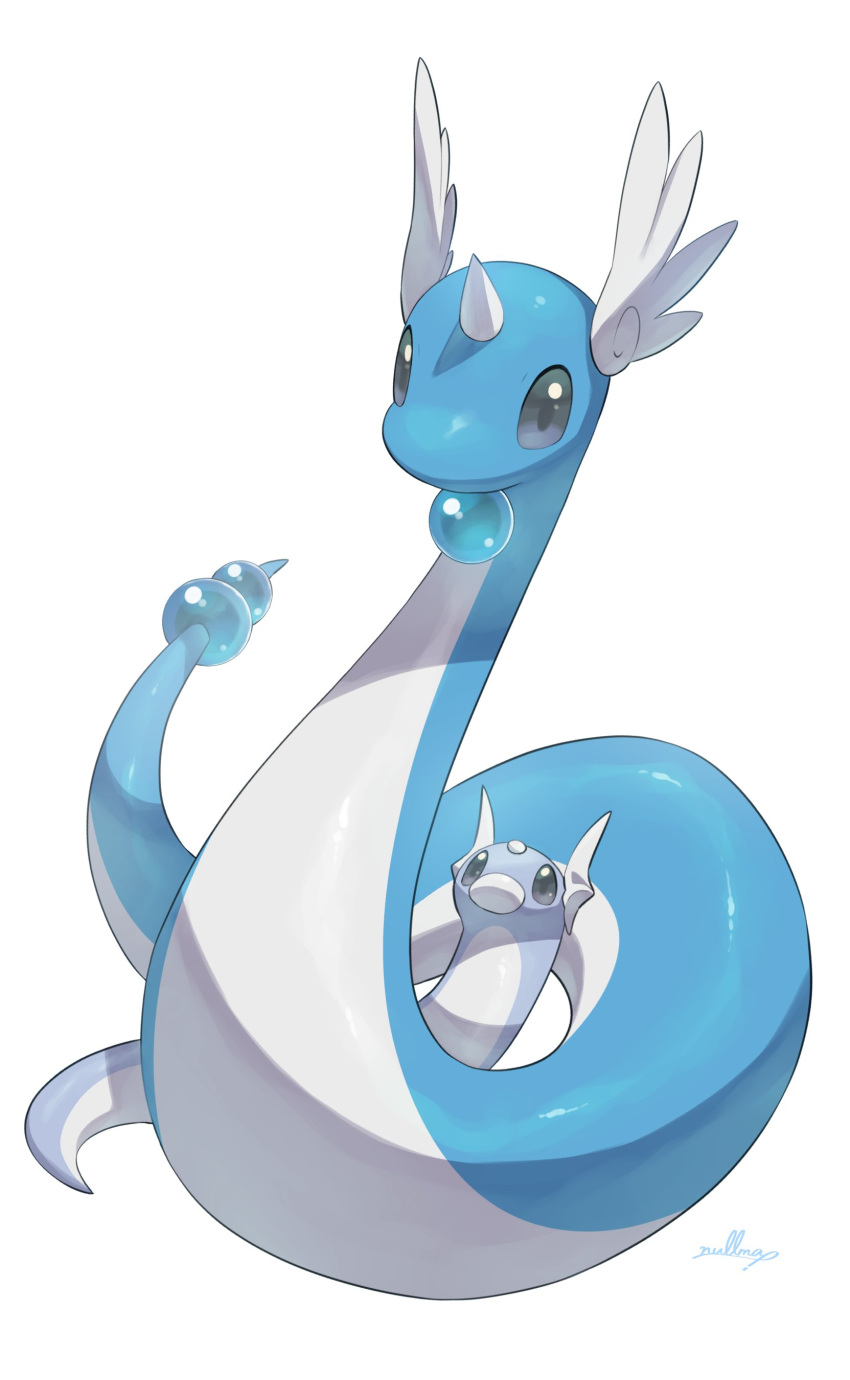 absurd_res ambiguous_gender armless belly black_eyes blue_body blue_tail colored digital_media_(artwork) digital_painting_(artwork) dragonair dratini duo feral generation_1_pokemon head_wings hi_res horn legless looking_at_another looking_at_partner looking_at_viewer looking_up multicolored_body nintendo nullma pokemon pokemon_(species) serpentine shadow signature simple_background tail two_tone_body white_background white_belly wings