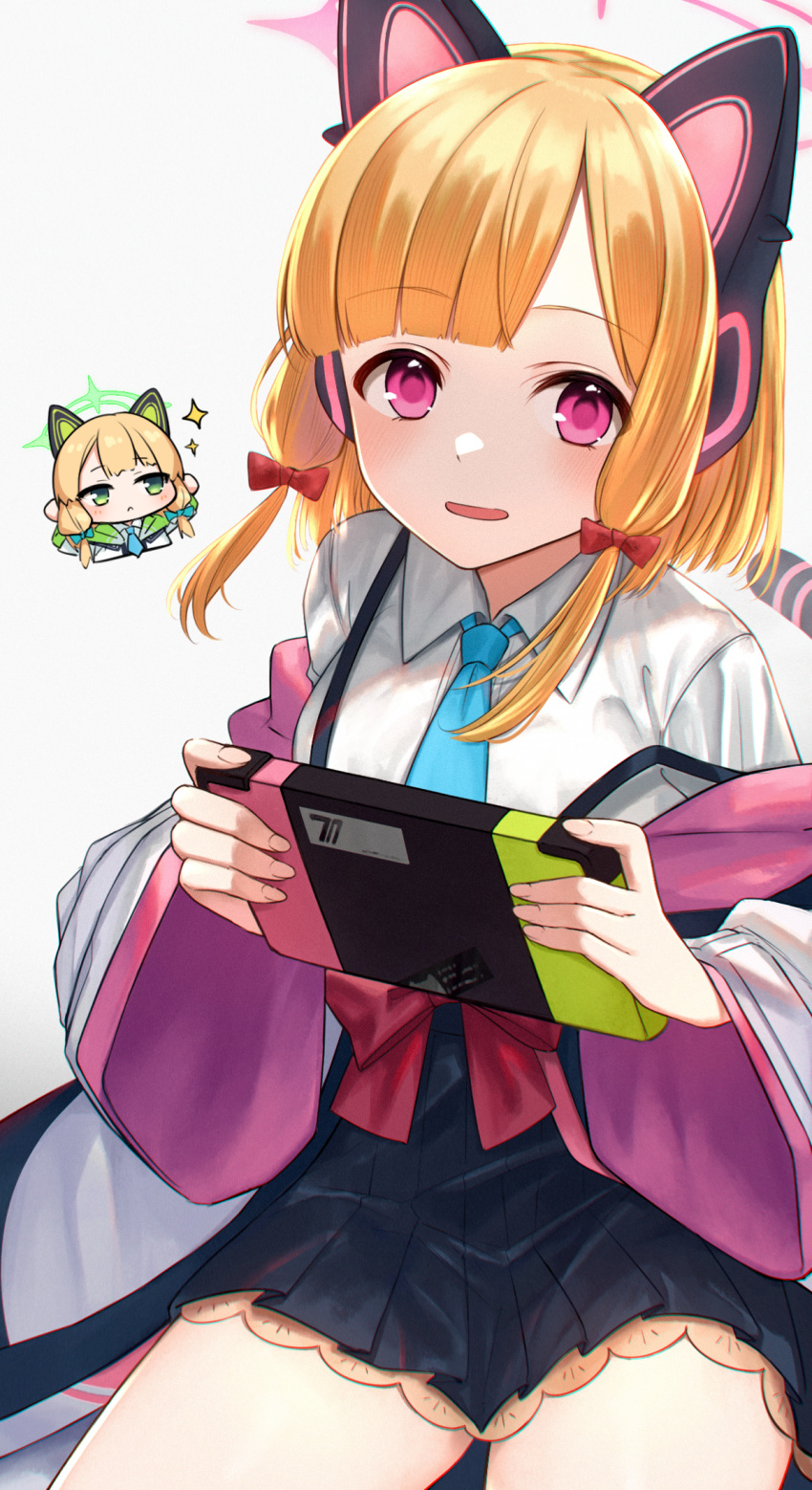 2girls animal_ear_headphones animal_ears bangs black_skirt blonde_hair blue_archive blue_bow blue_necktie blush bow chibi chibi_inset closed_mouth collared_shirt commentary_request fake_animal_ears green_eyes grey_background hair_bow halo hands_up headphones highres holding hoshimiya_aki jacket long_sleeves looking_at_viewer midori_(blue_archive) momoi_(blue_archive) multiple_girls necktie nintendo_switch off_shoulder open_clothes open_jacket parted_lips pleated_skirt purple_hair red_bow shirt siblings sidelocks simple_background sisters skirt solo_focus sparkle suspender_skirt suspenders tail twins white_shirt wide_sleeves