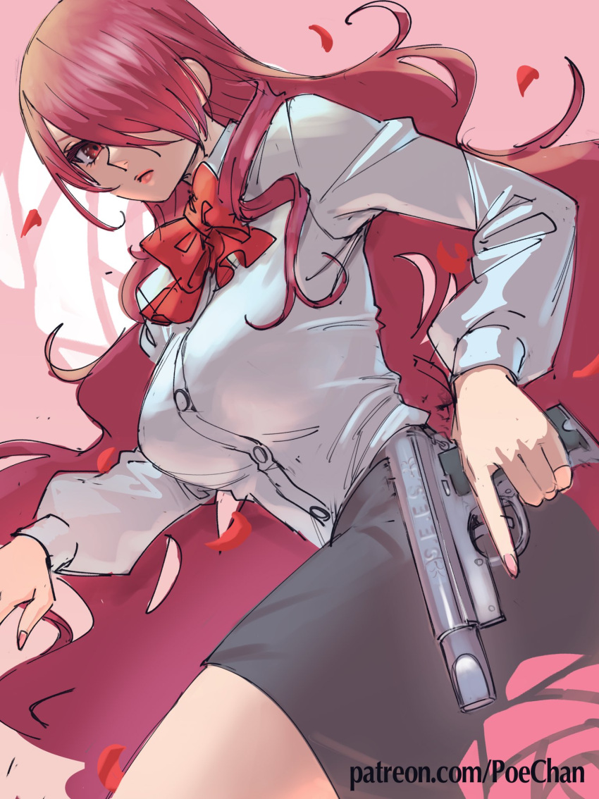 1girl bangs black_skirt bow breasts collared_shirt dress_shirt evoker falling_petals gun hair_over_one_eye handgun highres kirijou_mitsuru large_breasts long_hair long_sleeves looking_at_viewer patreon_username persona persona_3 petals pink_background pink_nails poechan_chan red_bow red_eyes red_hair shirt simple_background skirt trigger_discipline very_long_hair weapon web_address white_shirt