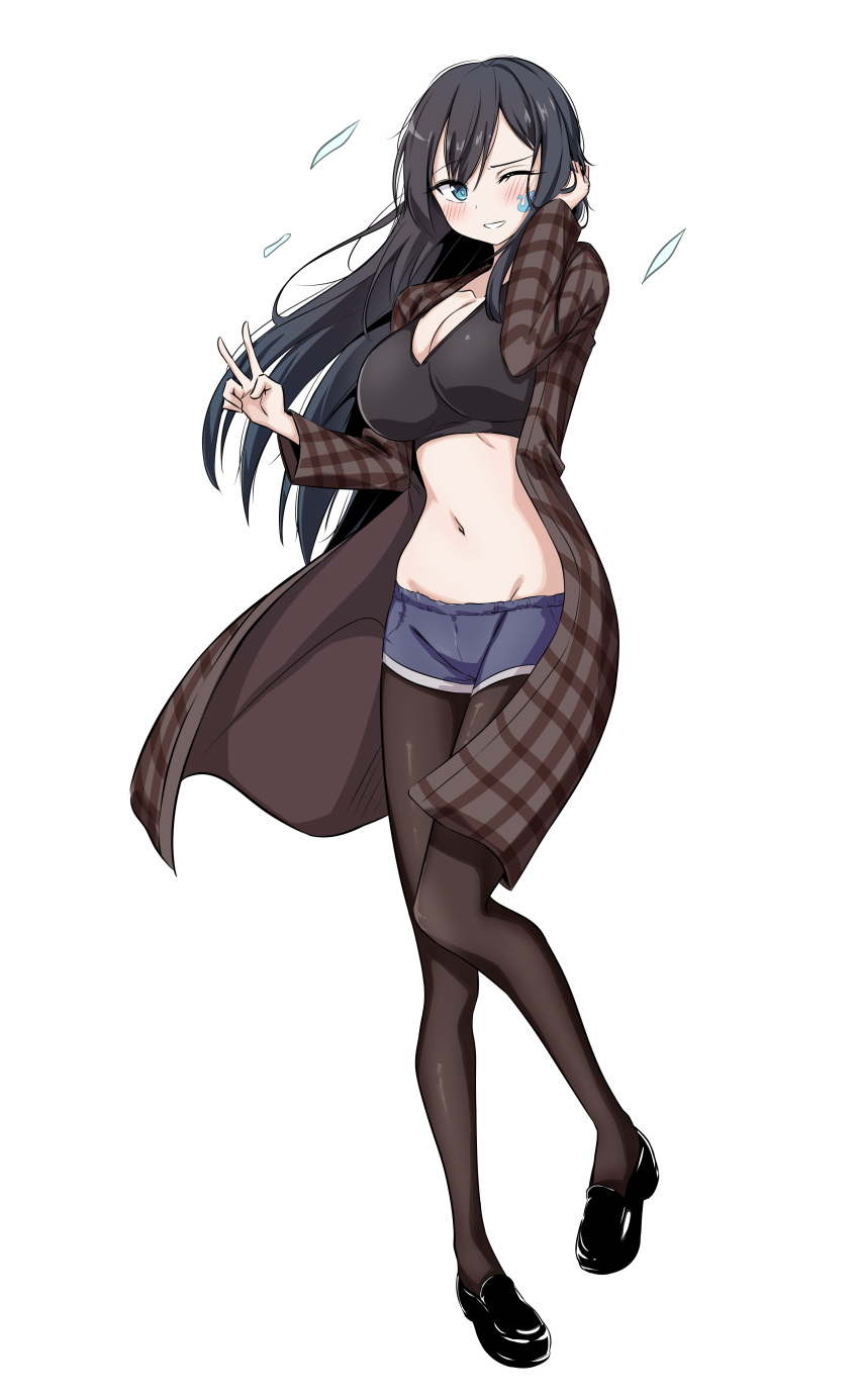 1girl absurdres black_footwear black_hair black_shirt blue_eyes blue_shorts breasts brown_coat brown_pantyhose cleavage coat commission crop_top facial_mark full_body grin hand_up highres junsuina_fujunbutsu large_breasts loafers long_hair long_sleeves looking_at_viewer midriff navel one_eye_closed open_clothes open_coat original pantyhose plaid plaid_coat second-party_source shirt shoes short_shorts shorts simple_background smile solo stomach v white_background