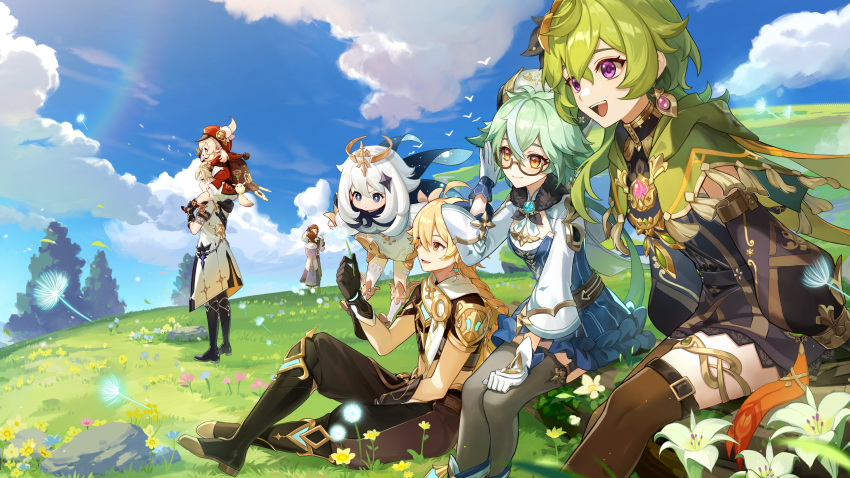 absurdres aether_(genshin_impact) ahoge albedo_(genshin_impact) animal_ears baggy_clothes bangs black_gloves black_leotard black_shirt blonde_hair blue_hair blue_leotard boots braid braided_ponytail breasts cat_ears cloak collei_(genshin_impact) crop_top dress frilled_leotard frills genshin_impact gloves grass green_hair hair_between_eyes hair_ornament hat highres jewelry klee_(genshin_impact) leotard long_hair long_sleeves midriff multicolored_hair multiple_boys official_art on_grass open_mouth orange_eyes outdoors paimon_(genshin_impact) ponytail purple_eyes semi-rimless_eyewear shirt short_sleeves shorts sidelocks single_braid smile streaked_hair sucrose_(genshin_impact) thighhighs timaeus_(genshin_impact) two-tone_leotard vision_(genshin_impact) wavy_hair yellow_eyes ying'er_(genshin_impact)