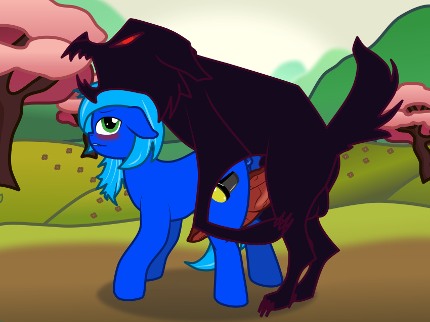 2019 4:3 absurd_res balls blue_(theonewithoutaname) blue_body blue_hair blush canid canine canis cherry_blossom cherry_blossom_tree cherry_tree cutie_mark digital_media_(artwork) doggystyle earth_pony equid equine female feral feral_on_feral fluffers_(tfh) from_behind_position fruit_tree genitals green_eyes hair hasbro hi_res hill horse imminent_sex knot male male/female mammal my_little_pony nude outside penis plant pony quadruped red_eyes sex tail them's_fightin'_herds theonewithoutaname tree wolf