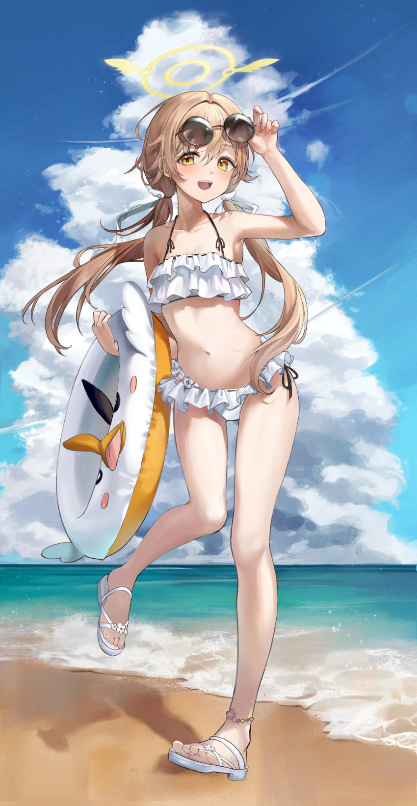 1girl absurdres anklet beach bikini blue_archive blush breasts chie_(user_snfh8333) cloud commentary eyewear_on_head feet frilled_bikini frills full_body halo hifumi_(blue_archive) hifumi_(swimsuit)_(blue_archive) highres holding holding_innertube innertube jewelry legs light_brown_hair long_hair looking_at_viewer low_twintails navel open_mouth outdoors sandals side-tie_bikini_bottom sky small_breasts smile solo sunglasses swimsuit toes twintails white_bikini white_footwear yellow_eyes