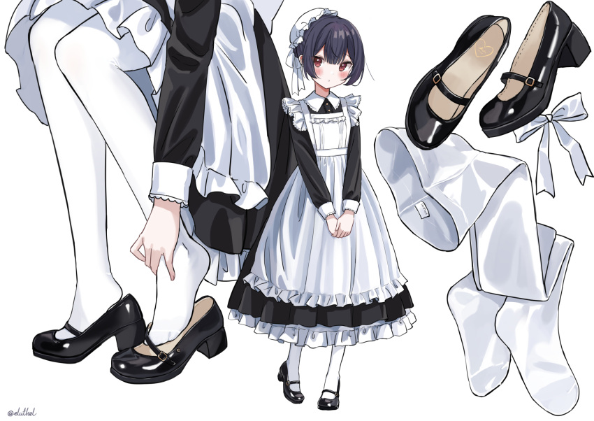 1girl apron black_dress black_footwear black_hair blush bun_cover dress eluthel feet frilled_dress frills full_body heel_pop highres idolmaster idolmaster_shiny_colors looking_at_viewer maid mary_janes morino_rinze multiple_views no_shoes pantyhose pantyhose_removed parted_lips red_eyes shoes shoes_removed short_hair simple_background sitting standing thighhighs v_arms white_apron white_background white_pantyhose white_thighhighs