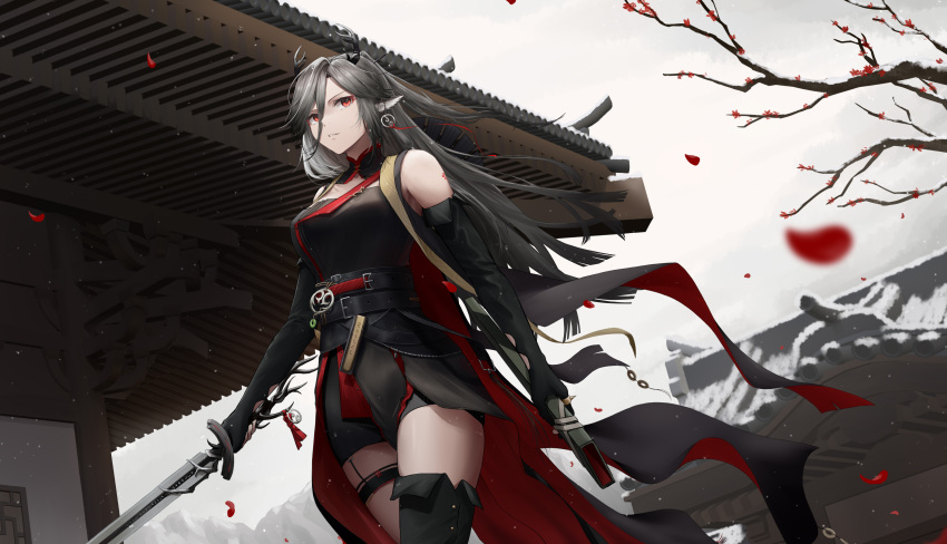 1girl absurdres animal_ears architecture arknights bangs bare_shoulders belt belt_buckle black_dress black_gloves black_hair black_thighhighs breasts buckle cape cloud cloudy_sky cowboy_shot day deer_antlers deer_ears deer_girl dress east_asian_architecture elbow_gloves gloves hair_between_eyes highres holding holding_sword holding_weapon large_breasts long_hair looking_at_viewer one_side_up outdoors parted_lips partially_fingerless_gloves petals qiubai_(arknights) red_cape ressec sheath single_thighhigh sky solo sword thighhighs tree very_long_hair weapon