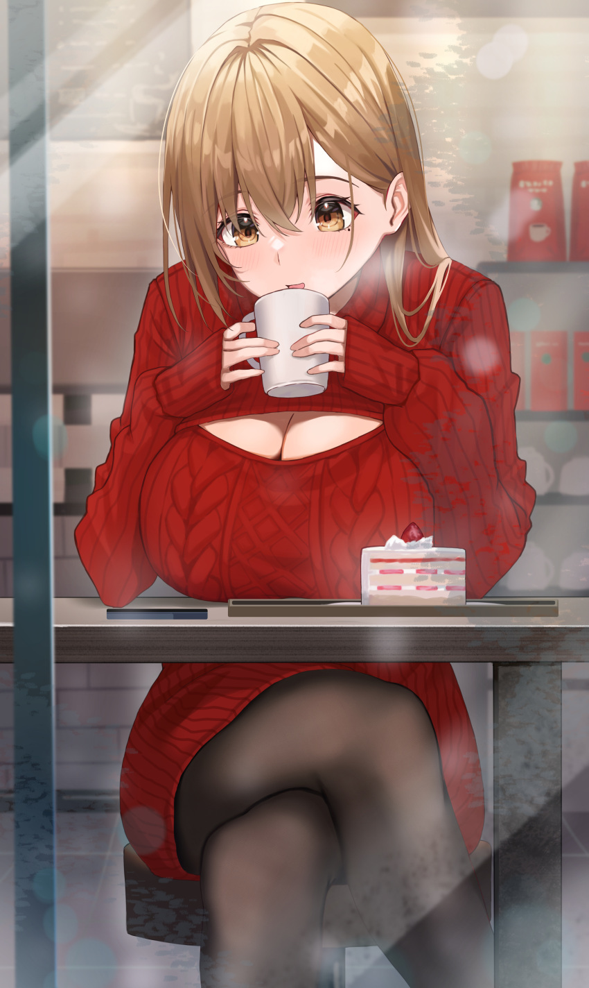 1girl absurdres breasts brown_eyes brown_hair cake cake_slice cleavage crossed_legs cup food highres holding holding_cup large_breasts long_hair meme_attire open_mouth original pantyhose pov_across_table red_sweater sitting sleeves_past_wrists sweater t_bone_(06tbone) virgin_killer_sweater