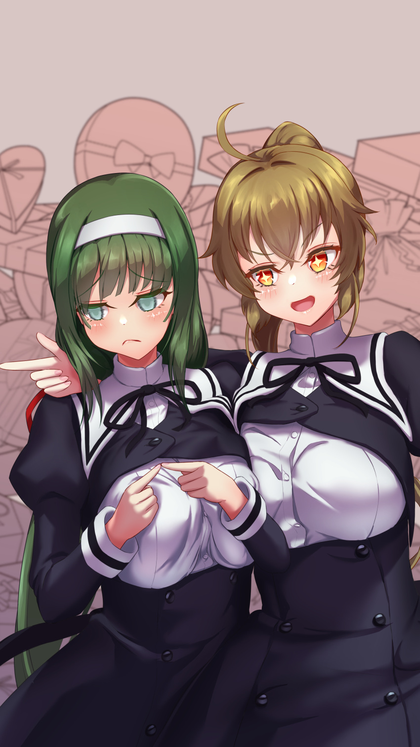 +_+ 2girls :d absurdres aqua_eyes arm_around_shoulder assault_lily asymmetrical_docking bangs black_ribbon black_skirt blurry blurry_background blush box breast_press breasts brown_background brown_hair buttons commentary_request cowboy_shot cropped_jacket crossed_bangs green_hair hairband hand_on_another's_shoulder hand_on_hip hands_up hasebe_touka heart heart-shaped_box high-waist_skirt high_ponytail highres index_fingers_together juliet_sleeves kondou_misaka large_breasts long_hair long_sleeves looking_at_another looking_away looking_to_the_side multiple_girls neck_ribbon no_pupils open_mouth orange_eyes pointing ponytail puffy_sleeves raised_eyebrows ribbon school_uniform shirt side-by-side sidelocks sideways_glance skirt smile speech_bubble spoken_heart standing ueharu v-shaped_eyebrows valentine very_long_hair white_hairband white_shirt yuri yurigaoka_girls_academy_school_uniform