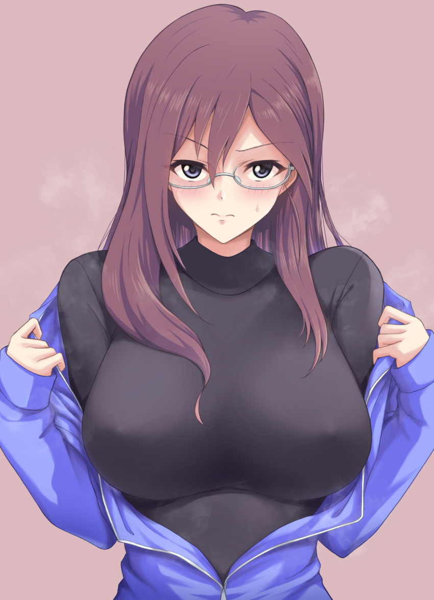 blush breasts glasses highres idolmaster idolmaster_cinderella_girls idolmaster_cinderella_girls_starlight_stage inou_hiroaki large_breasts long_hair red_hair removing_jacket steaming_body sweat undressing yagami_makino