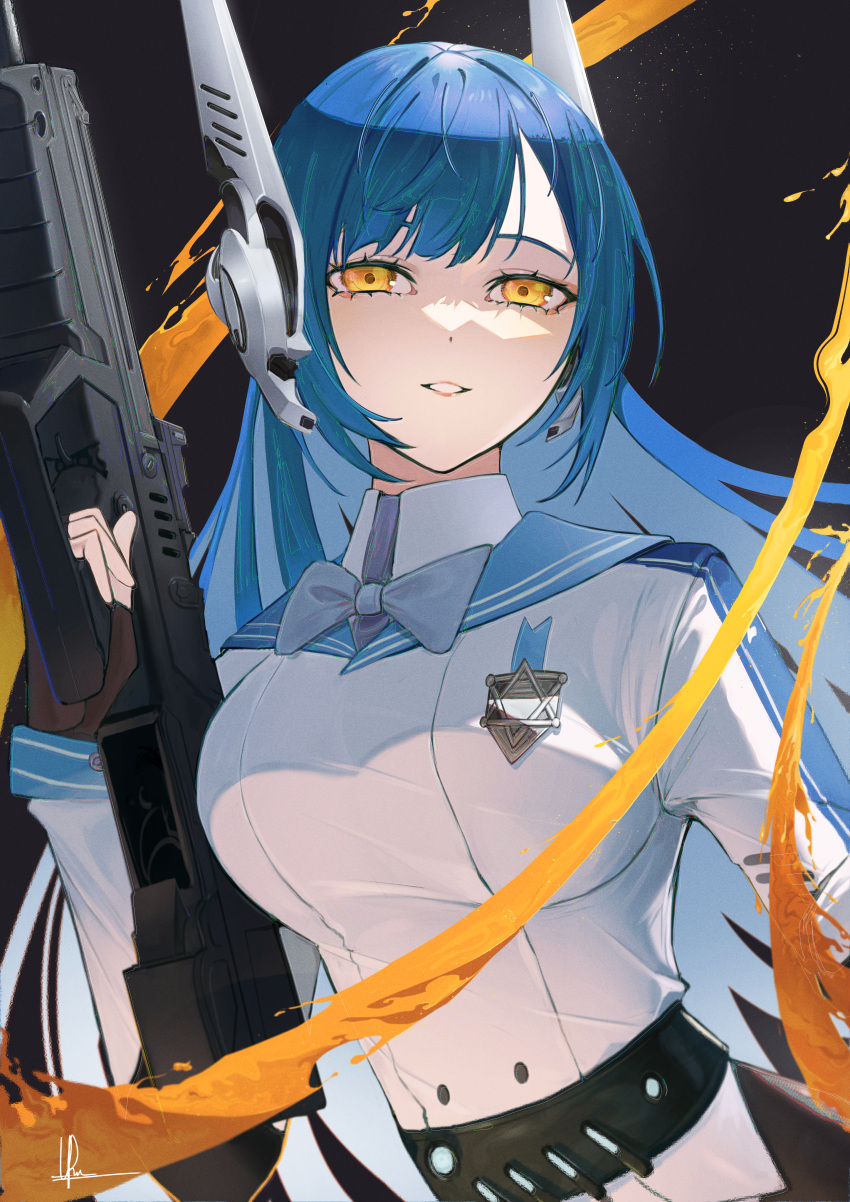 1girl absurdres assault_rifle black_gloves blue_bow blue_bowtie blue_hair bow bowtie breasts bullpup fingerless_gloves girls'_frontline gloves gun hexagram highres holding holding_gun holding_weapon iwi_tavor large_breasts lips long_hair long_sleeves looking_at_viewer orange_eyes parted_lips rifle robot_ears signature smile solo star_of_david tar-21_(girls'_frontline) teeth upmocks upper_body weapon